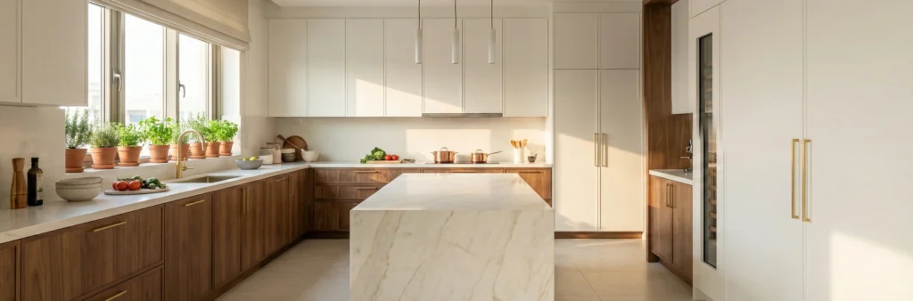 Custom kitchen cabinetry and island installation Dubai by Karnak Carpentry