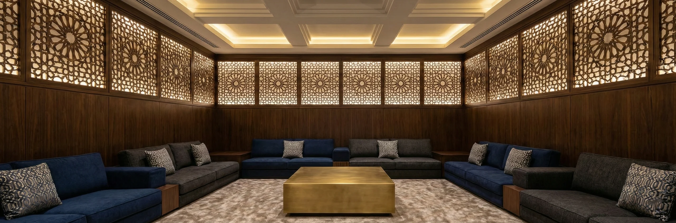 Custom wall paneling and ceiling carpentry majlis room Dubai