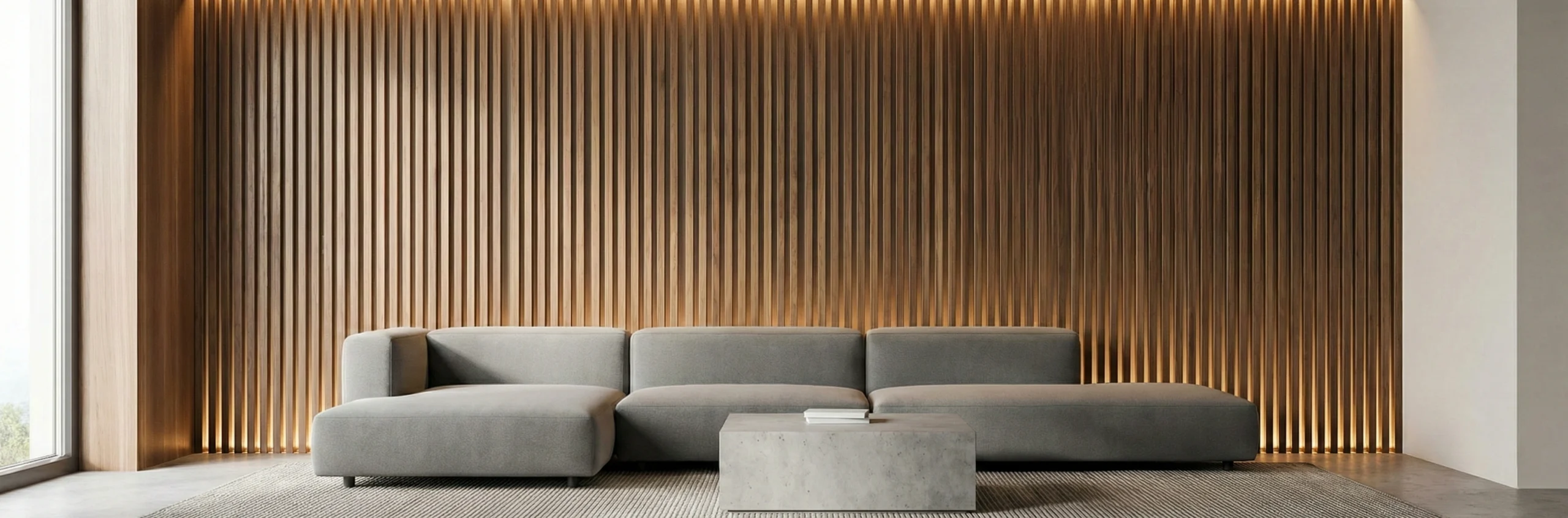 Contemporary wooden slat accent wall Dubai residential carpentry