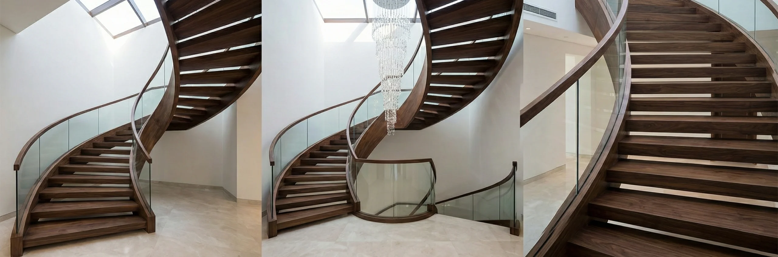 Custom curved staircase with glass railings Dubai villa by Karnak Carpentry