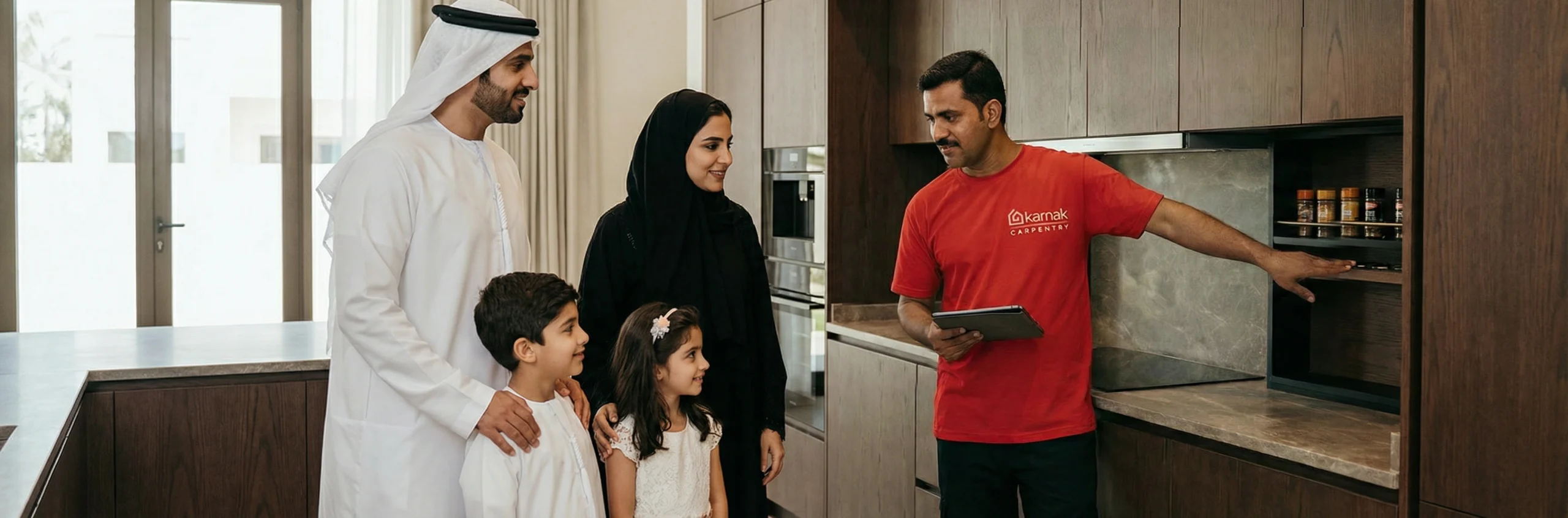 Satisfied residential carpentry clients Dubai Karnak project completion