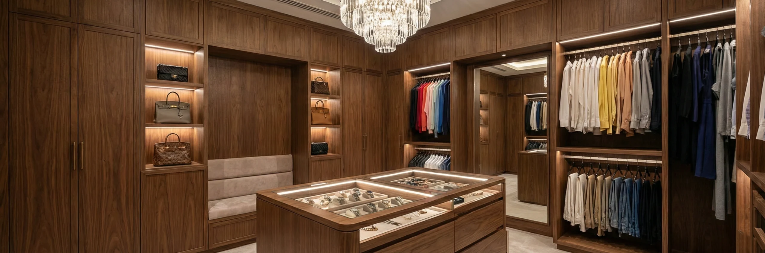 Luxury walk-in closet custom carpentry Dubai villa by Karnak