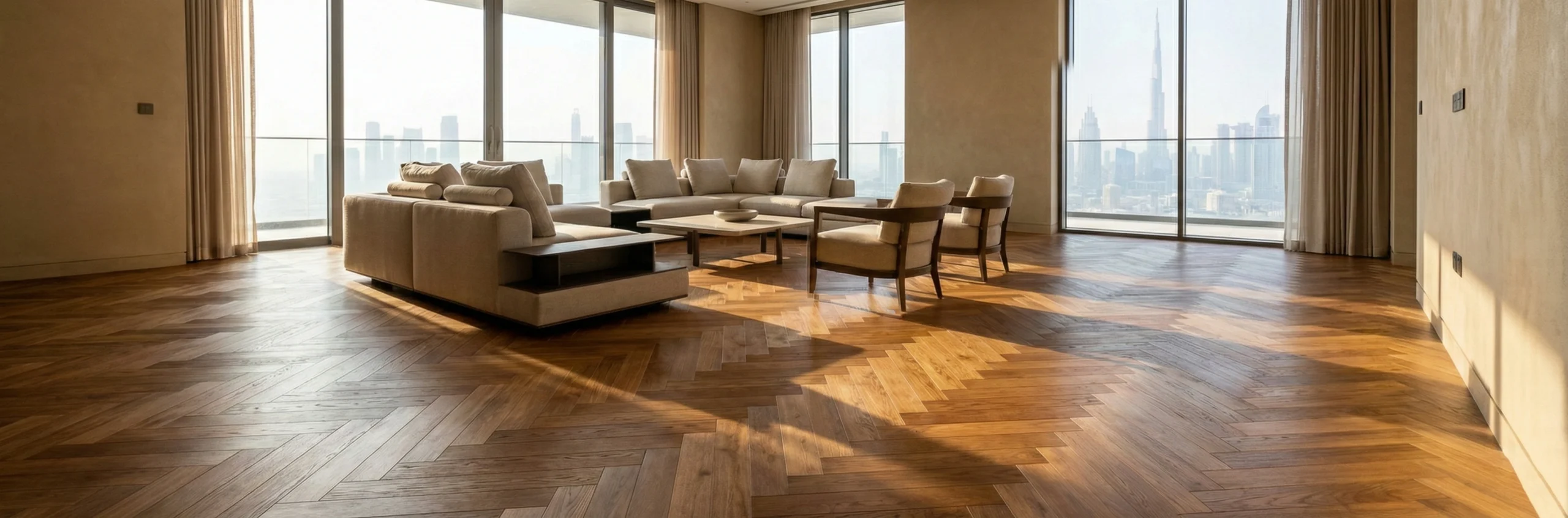 Herringbone oak wooden flooring installation Dubai villa living room