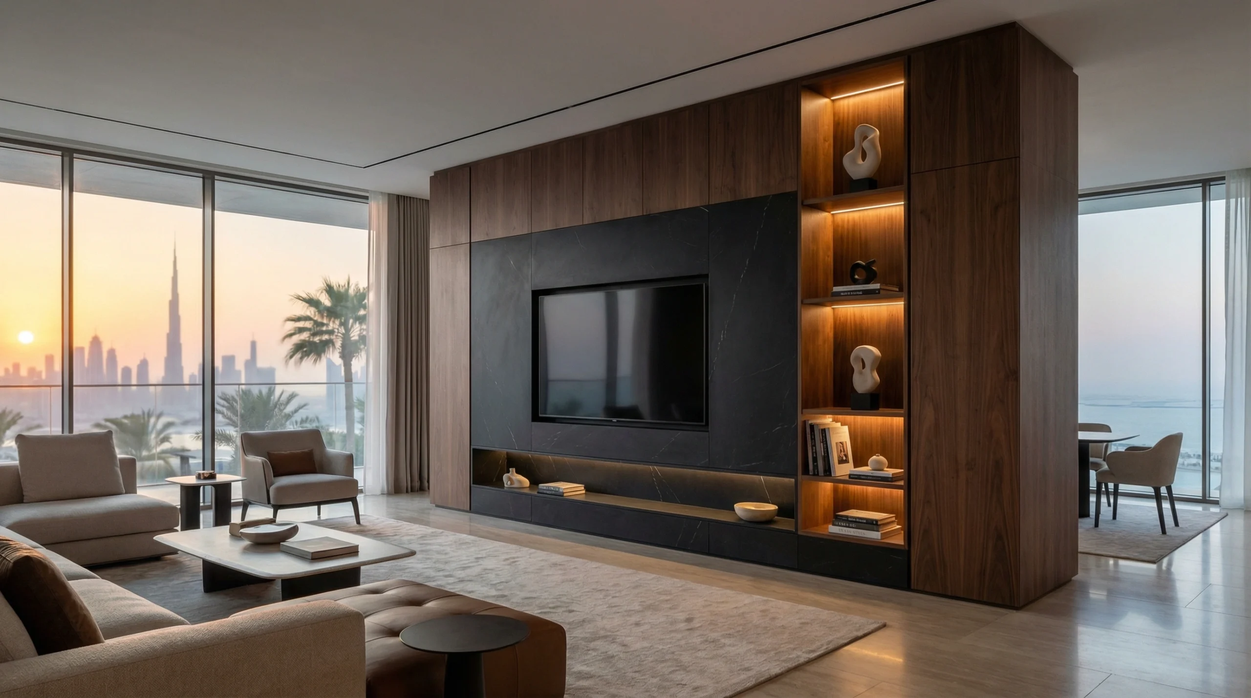 A luxurious custom floor-to-ceiling wooden TV unit with integrated marble panels and LED lighting in a modern Dubai penthouse, showcasing bespoke carpentry and high-end entertainment design.