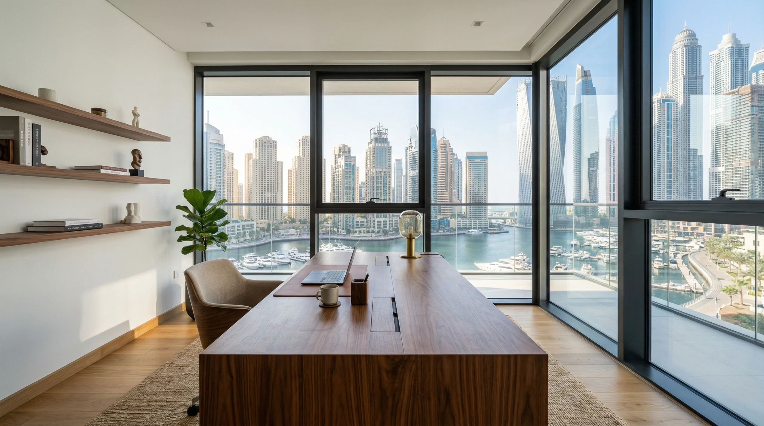 Custom desk in solid walnut built by Karnak Carpentry for a Dubai home office