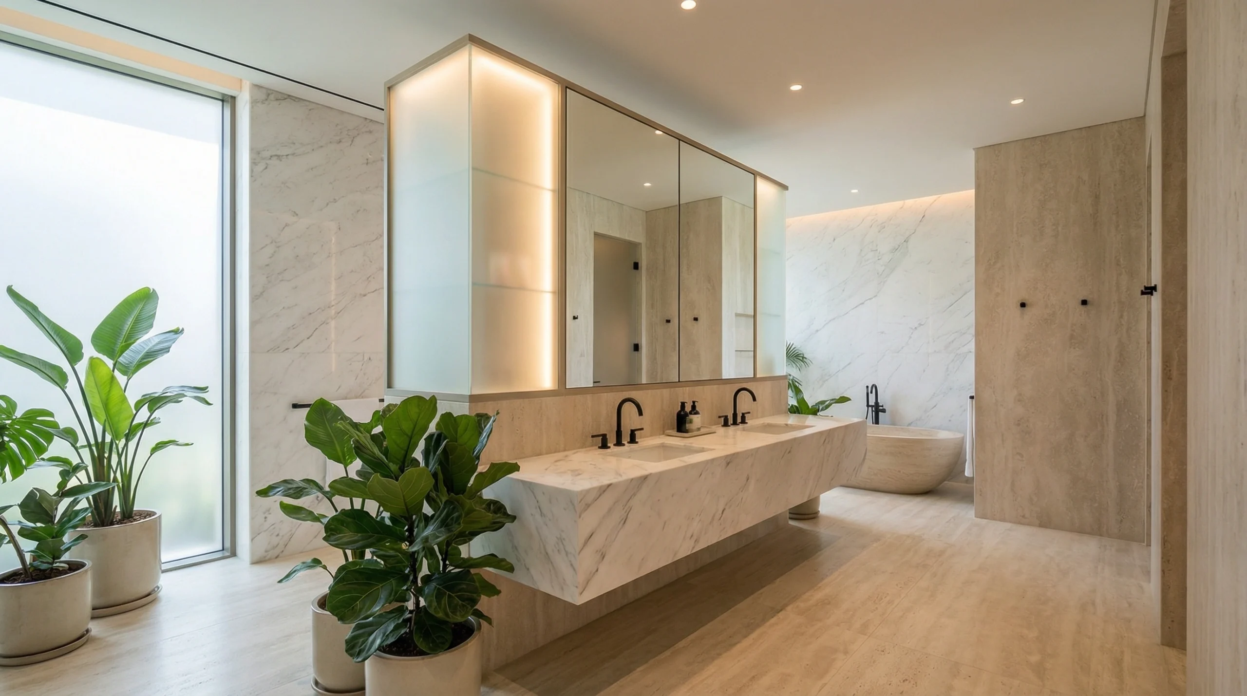 Luxury spa-style mirror cabinets Palm Jumeirah Dubai villa bathroom