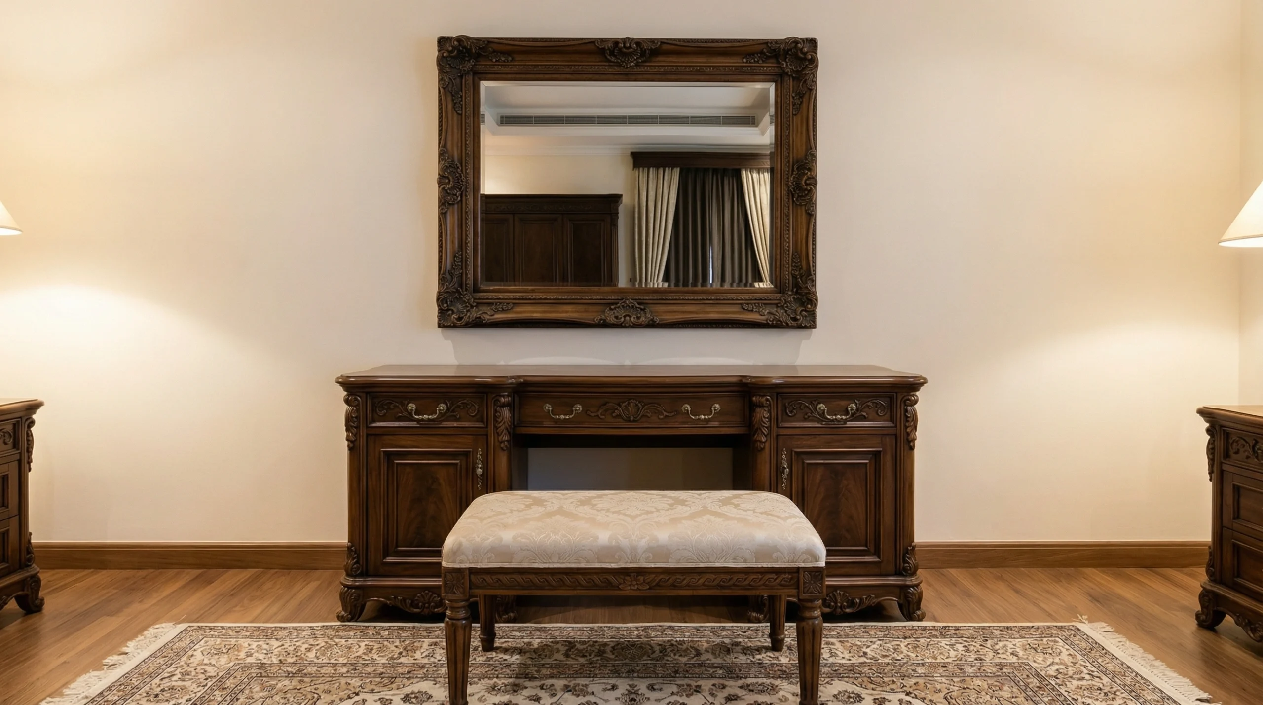 Carved walnut traditional dressing table Arabian Ranches villa Dubai