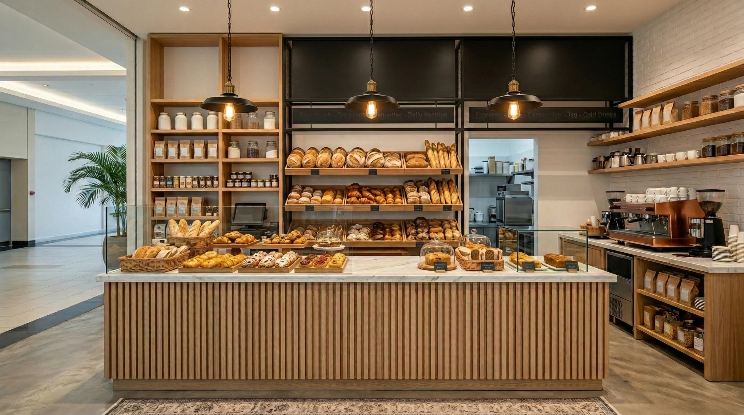 Artisan bakery counter fit-out Sharjah UAE — café joinery and display by Karnak Carpentry
