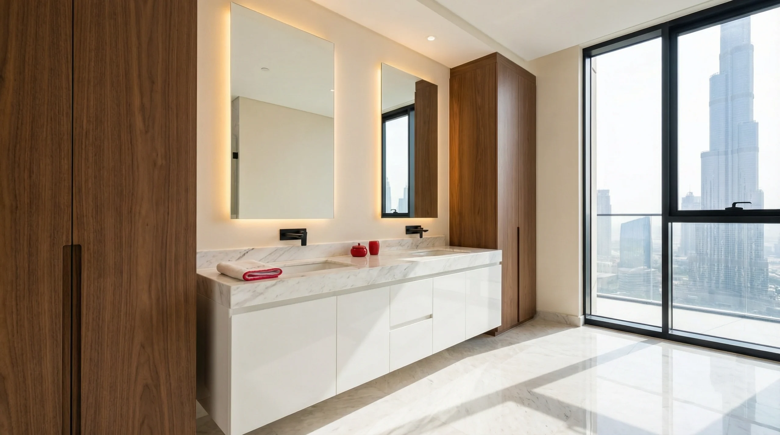 Bathroom carpentry Dubai featuring custom vanity and storage cabinets in luxury apartment
