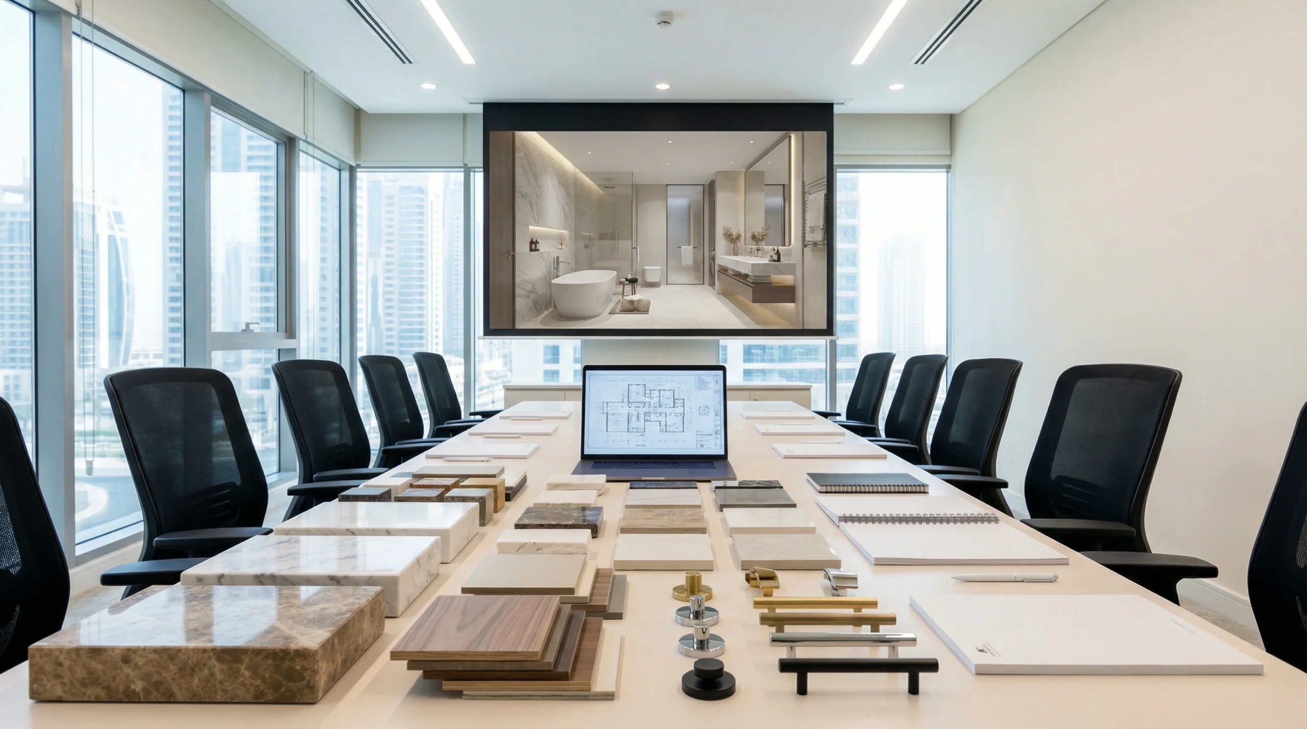 Bathroom carpentry design consultation showing material selection and 3D planning