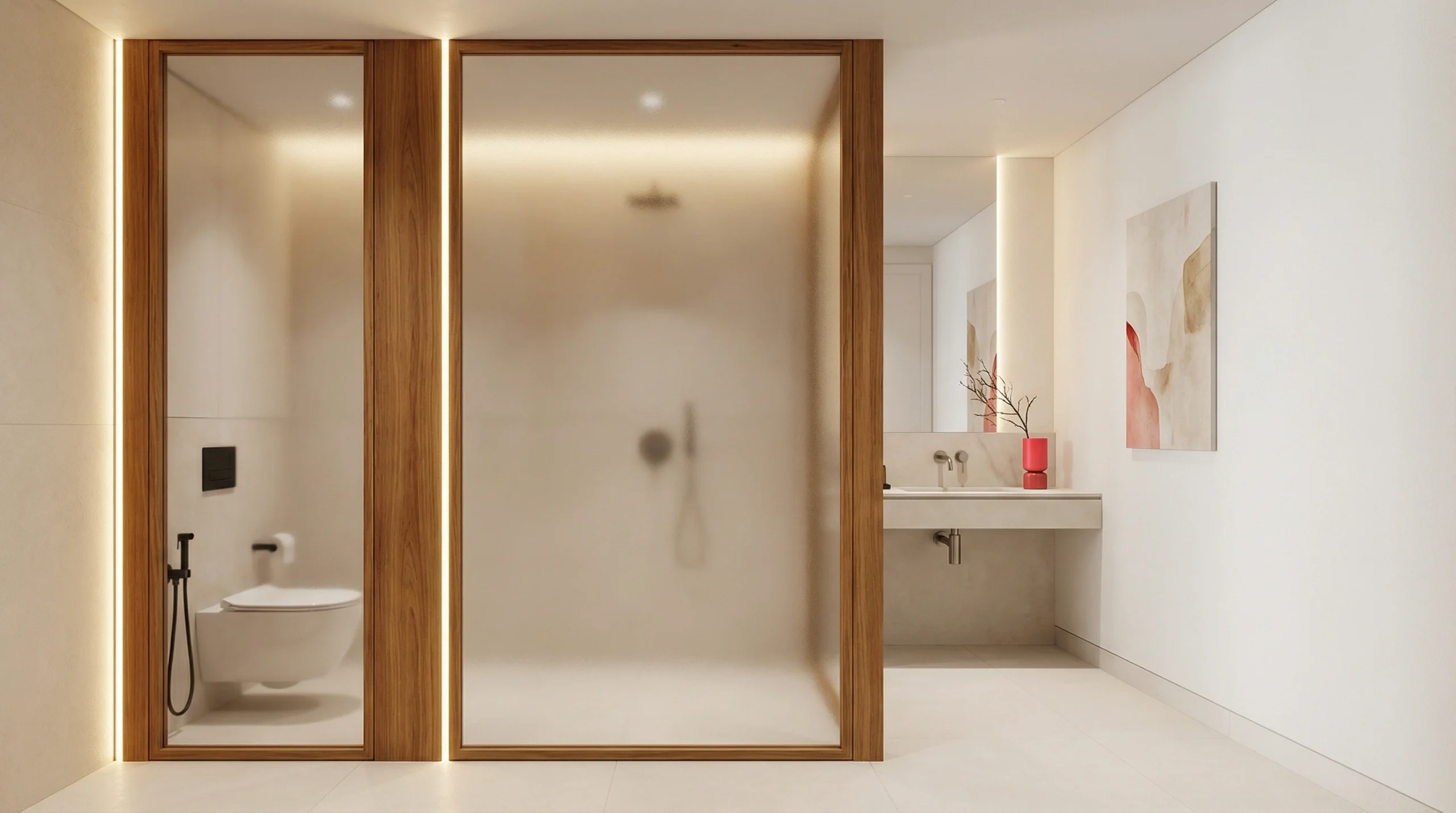 Custom privacy screen partition in Dubai bathroom separating toilet area