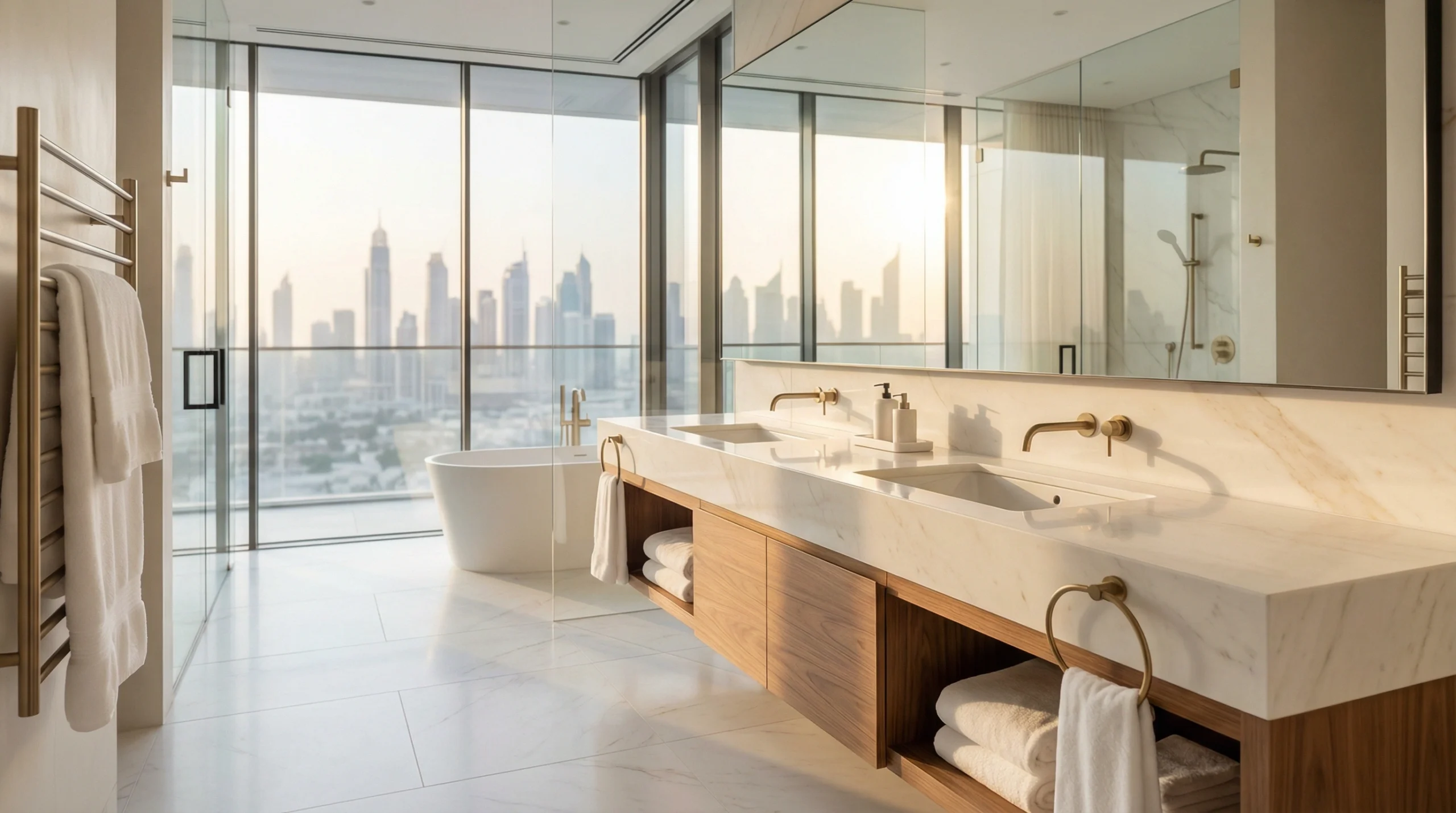 Custom bathroom vanities Dubai with marble countertop in luxury villa