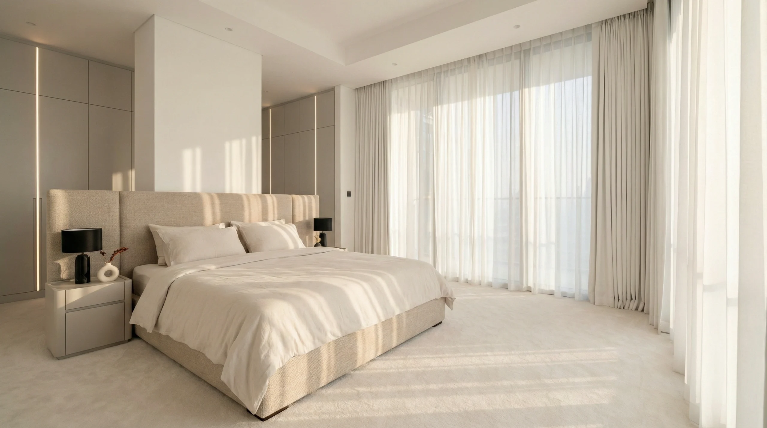 Custom bedroom carpentry Dubai – built-in wardrobe and bespoke bed frame by Karnak Carpentry