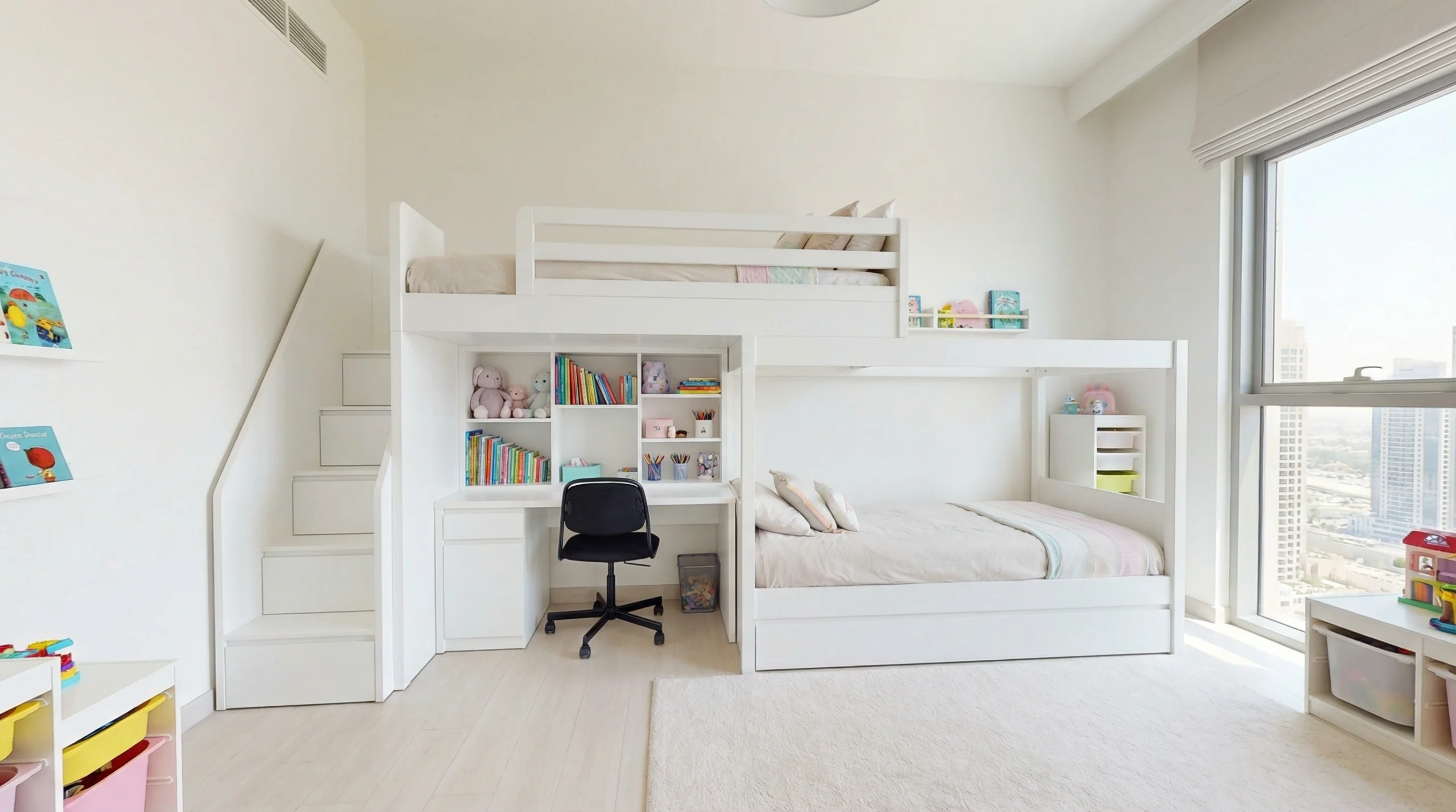Custom children's bedroom carpentry Dubai – built-in bunk bed and storage by Karnak