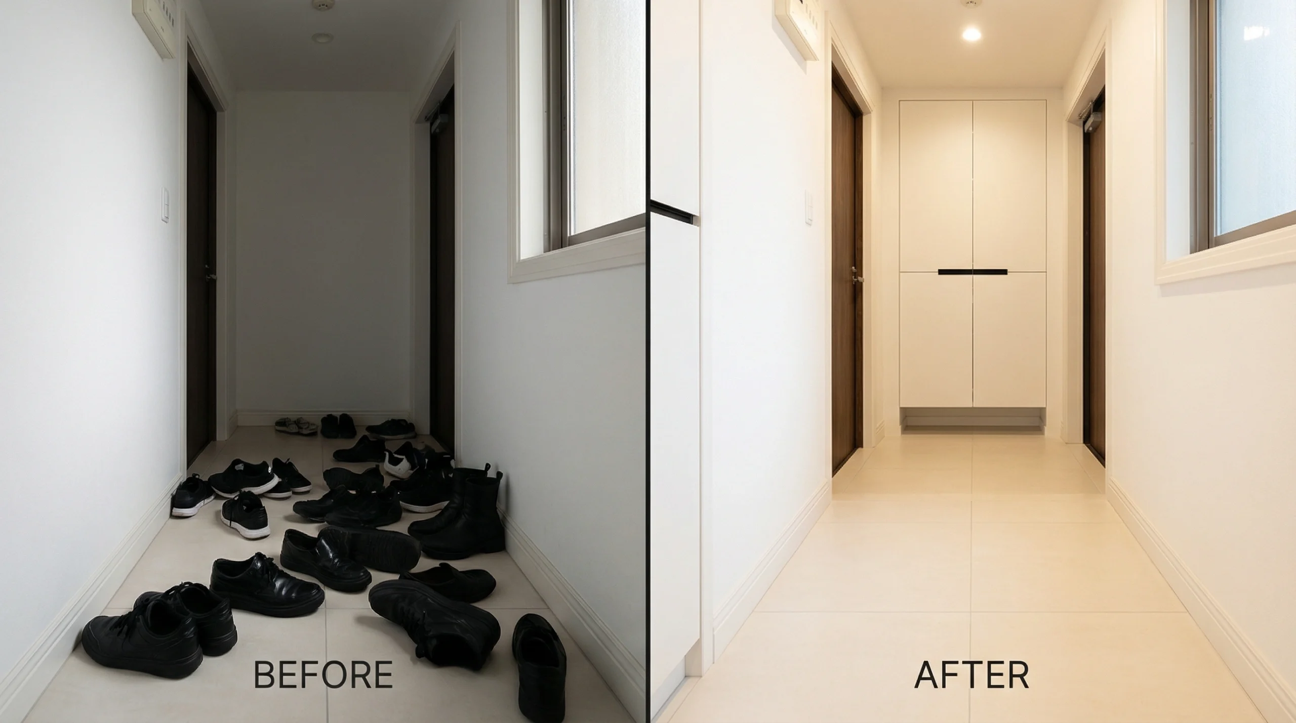 Before and after shoe storage installation Dubai showing organized transformation