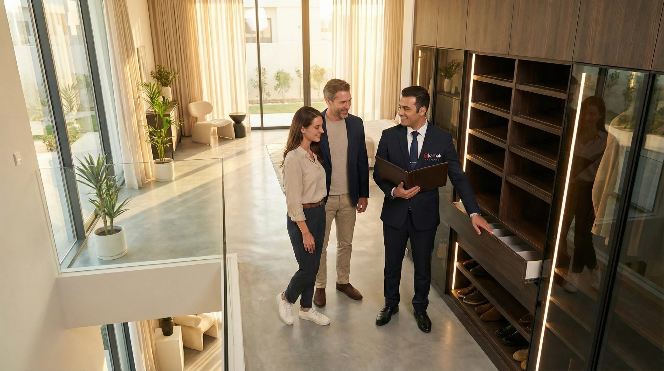 Professional client orientation and official handover of a custom carpentry project in Dubai, featuring a Karnak specialist explaining maintenance and warranty details to a homeowner