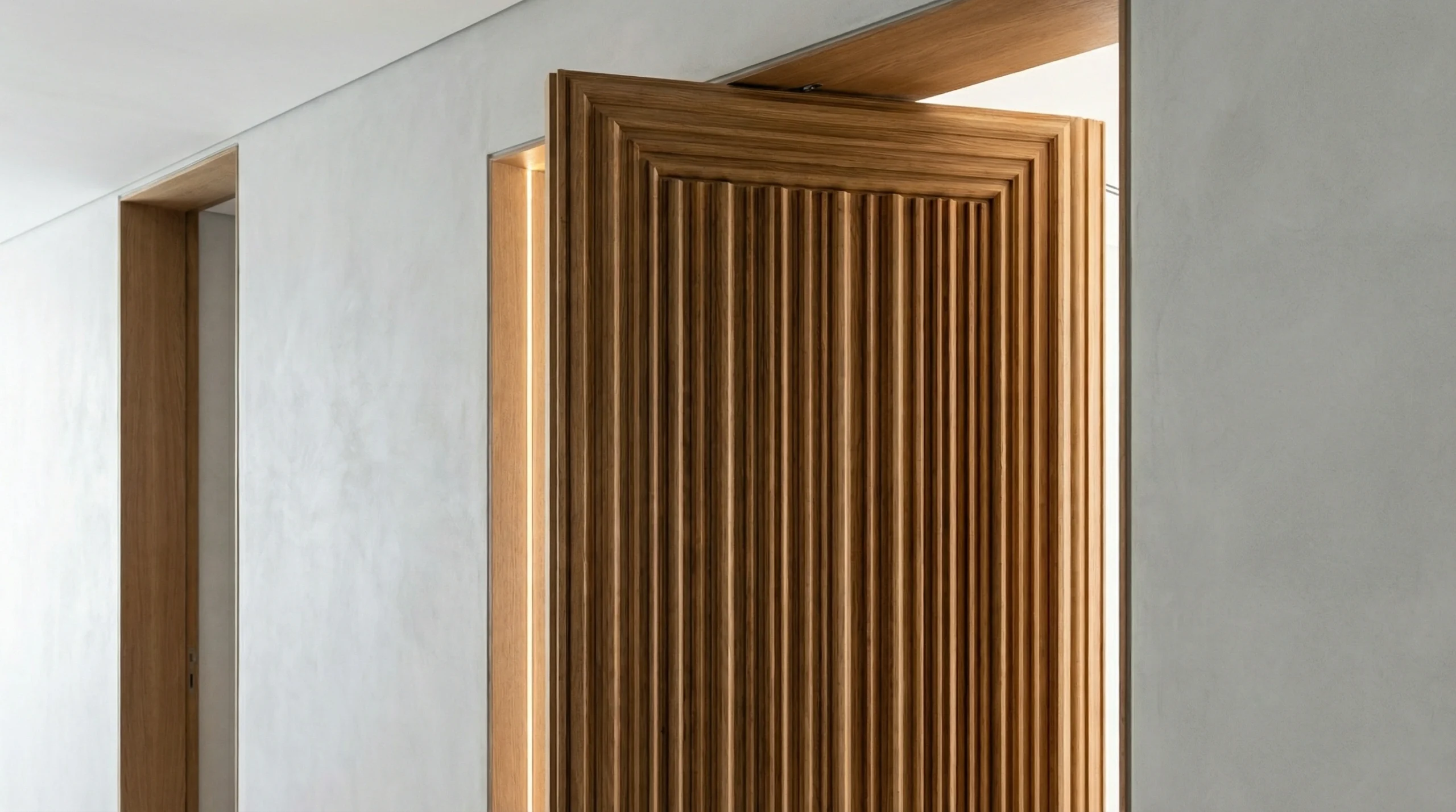 Bespoke floor-to-ceiling fluted wood door frame with integrated LED lighting, showcasing architectural detailing and custom carpentry in a luxury Dubai interior.