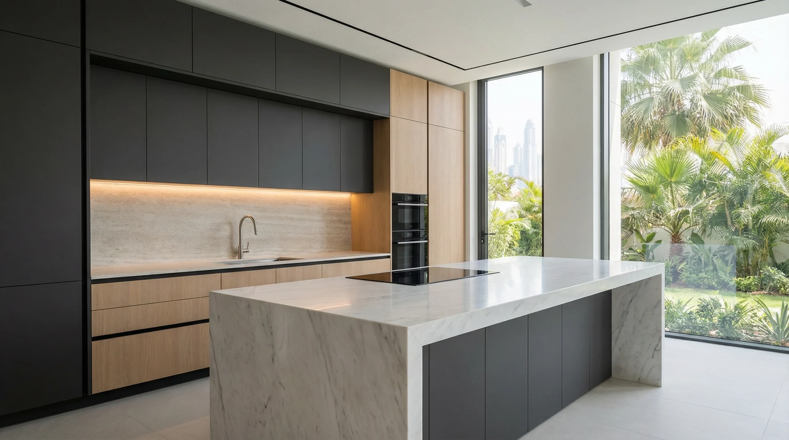 Premium kitchen carpentry in Dubai featuring bespoke matte and oak cabinetry, a white marble waterfall island, and integrated appliances for a luxury villa renovation.