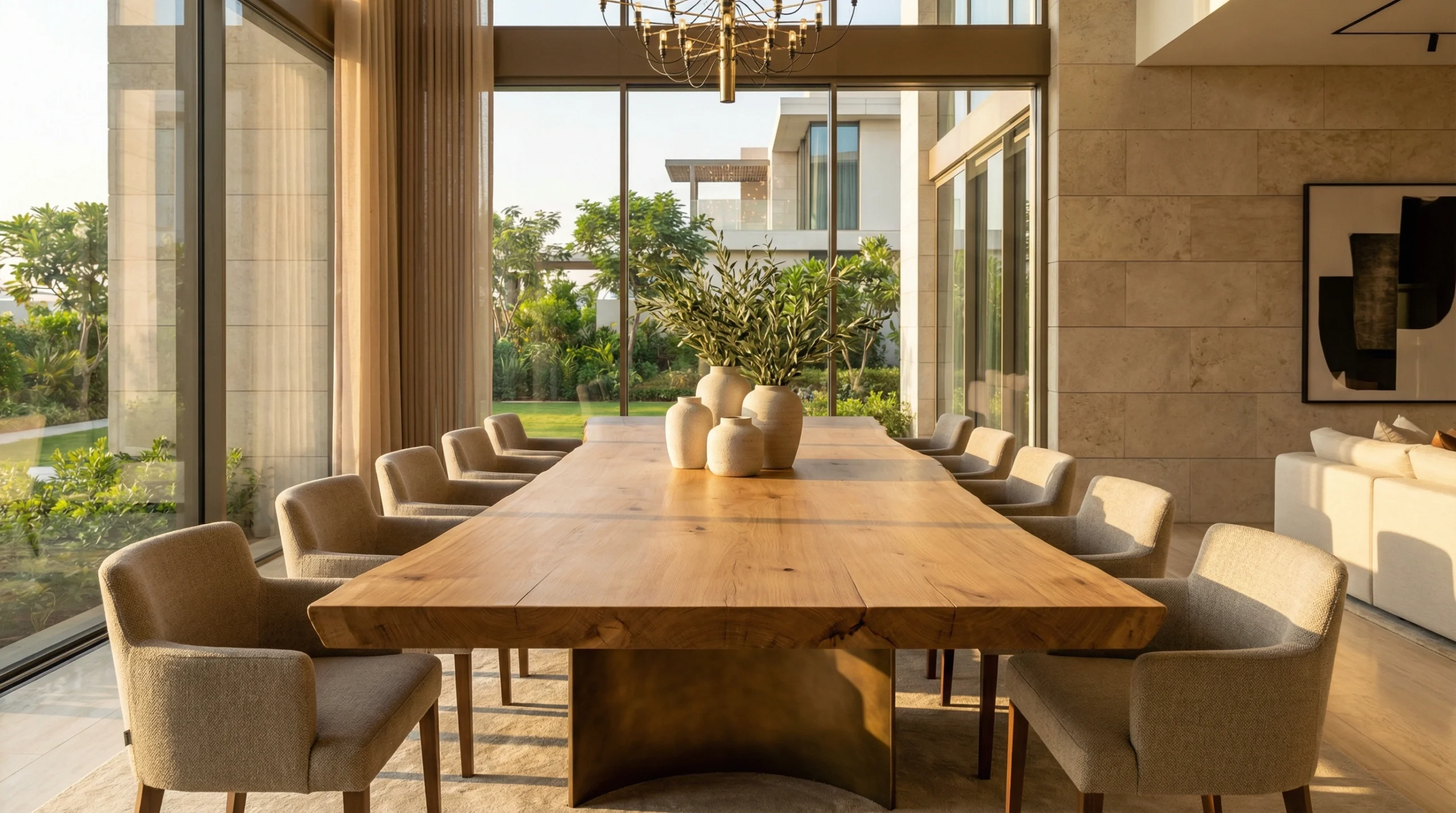 A hand-crafted solid wood dining table by Karnak, designed for large family gatherings and built for generations, featuring a live-edge oak top and bronze base in a luxury UAE home.