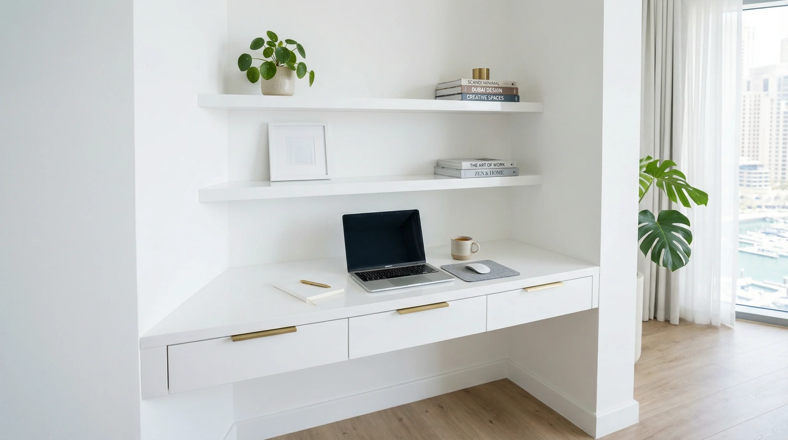 Built-in custom corner desk in white lacquer built by Karnak Carpentry for a JBR Dubai apartment