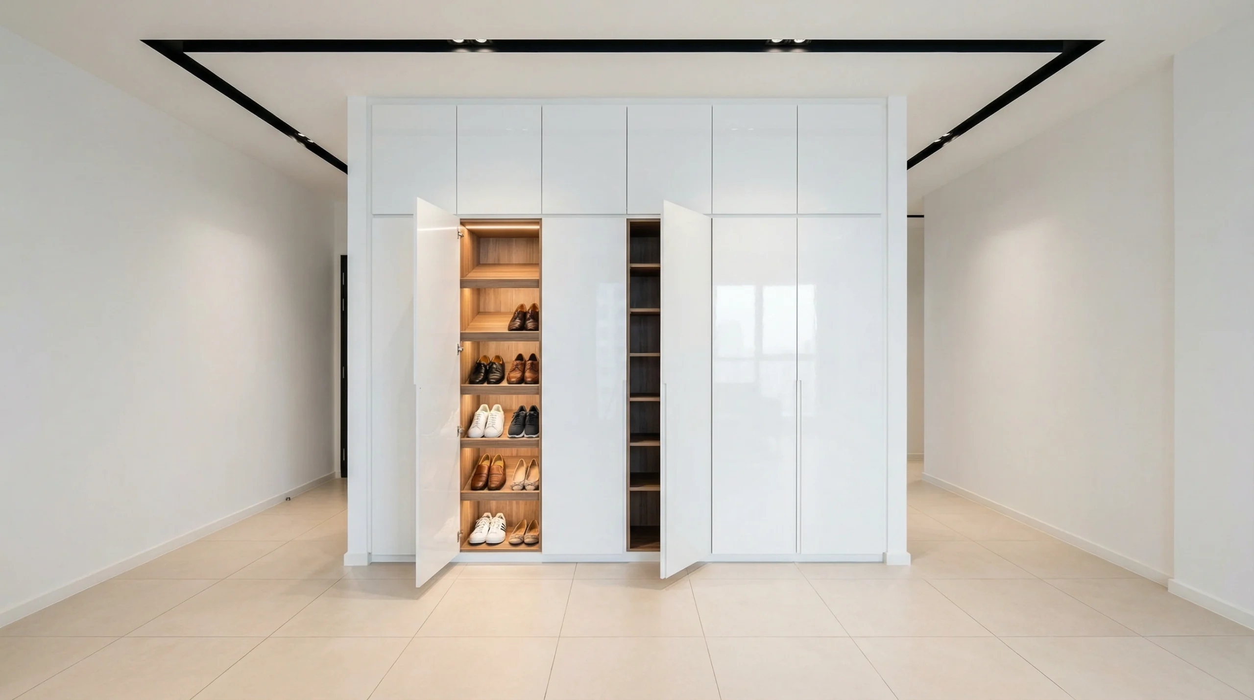 Built-in shoe cabinets Dubai with enclosed storage and angled shelves