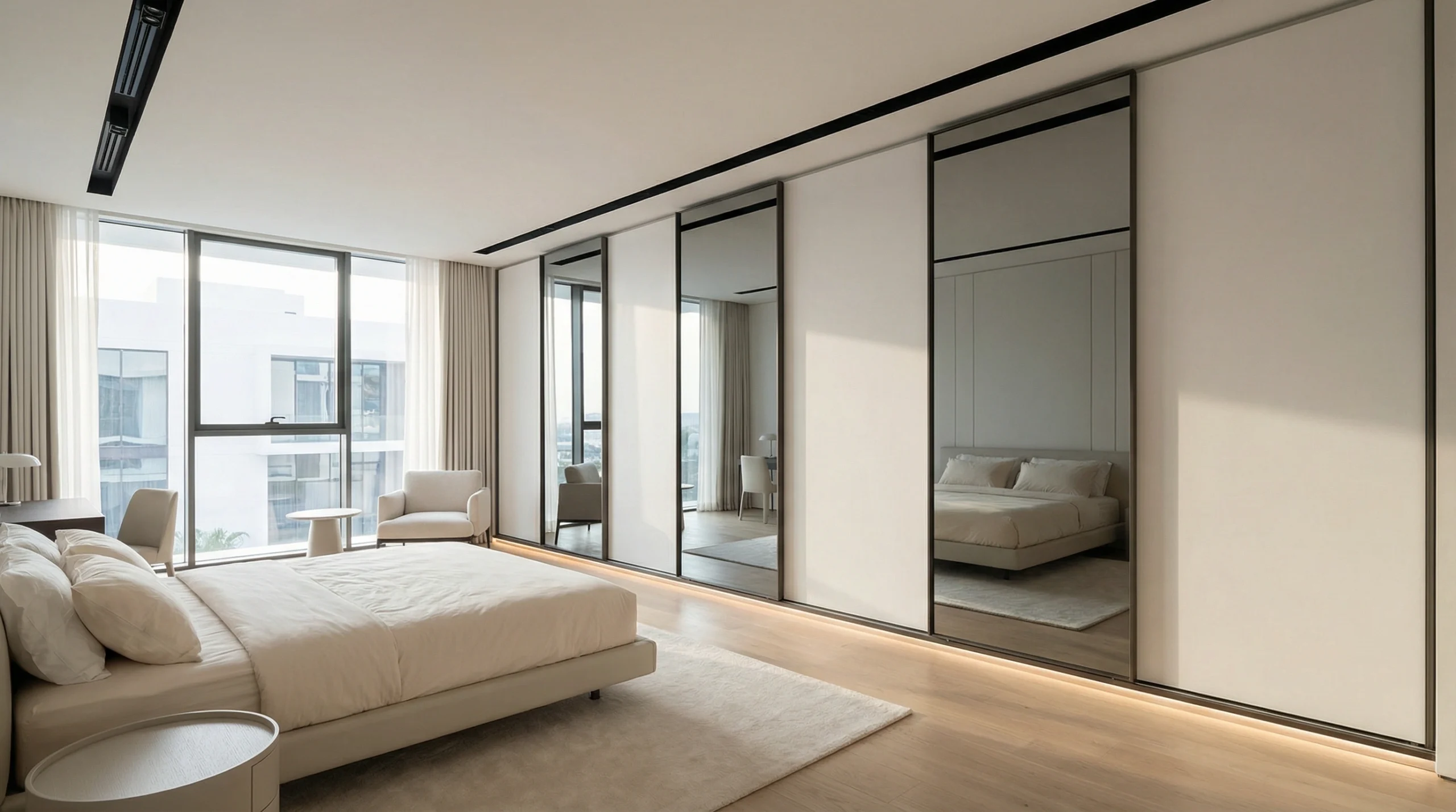 Built-in sliding wardrobes Dubai spanning bedroom wall with modern finishes