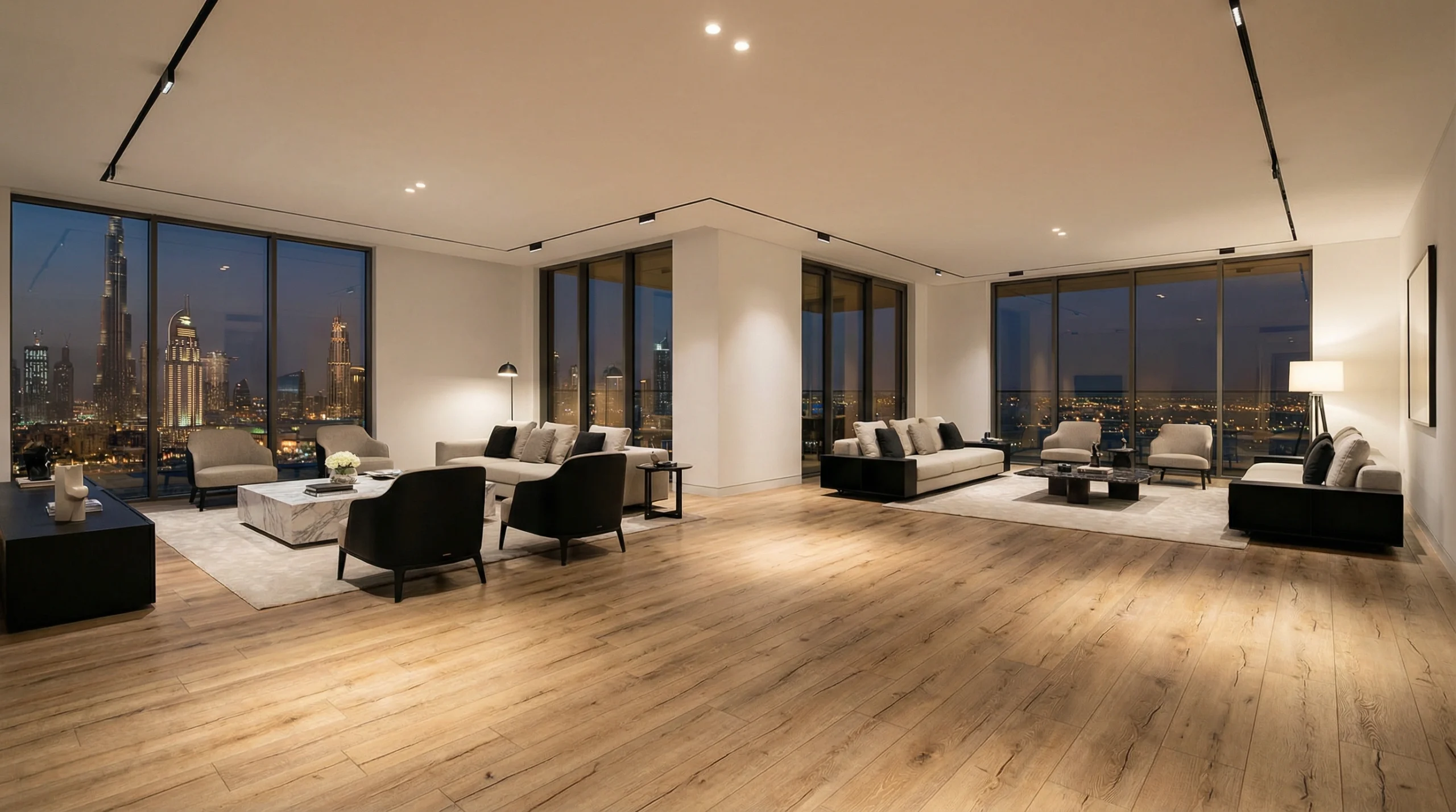 Luxury LVT flooring installation in Business Bay penthouse with realistic wood pattern