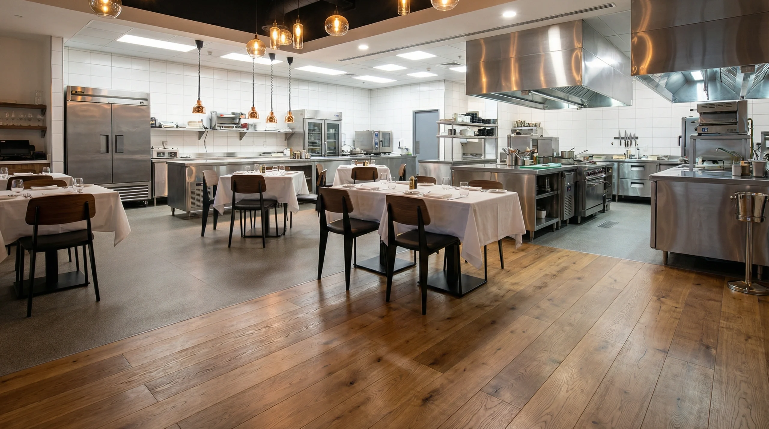 Restaurant flooring installation Business Bay showing engineered hardwood dining area and commercial kitchen vinyl