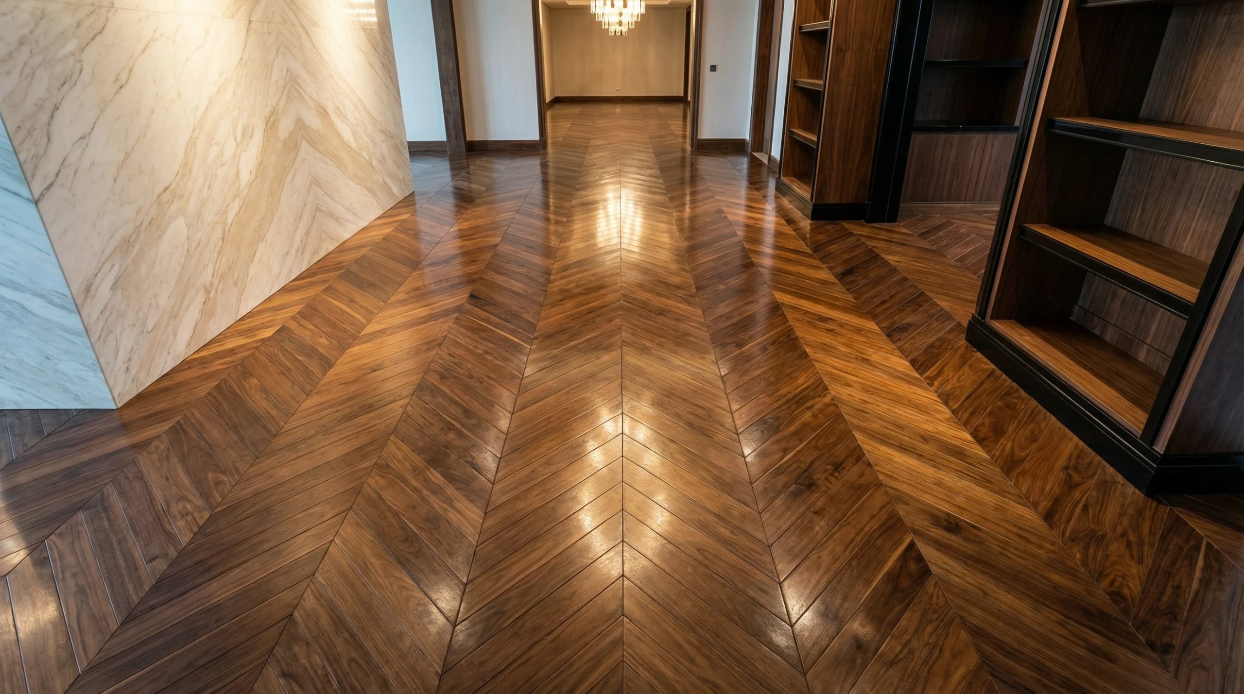 Chevron parquet wooden flooring pattern installation Dubai by Karnak Carpentry