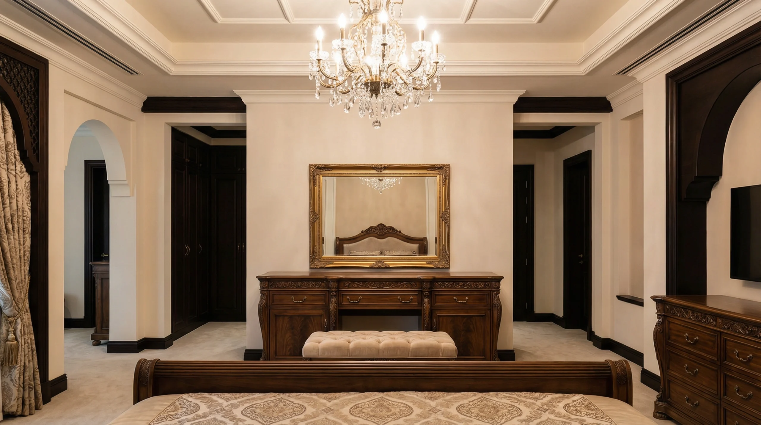 Classic luxury dressing table with carved details in Dubai villa