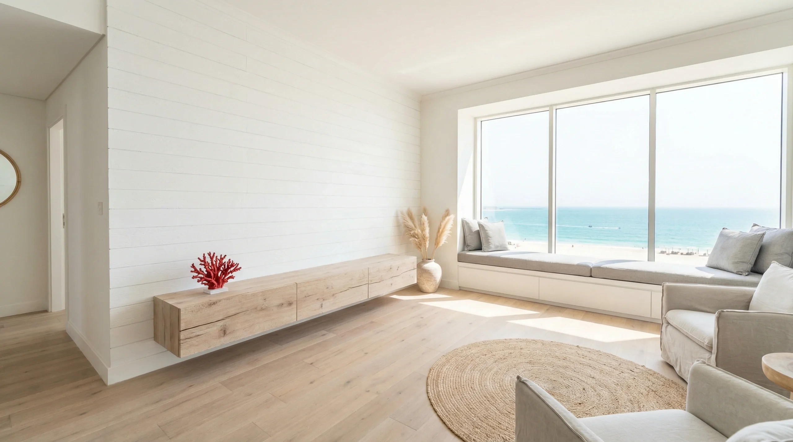 Coastal living room renovation custom carpentry JBR Dubai