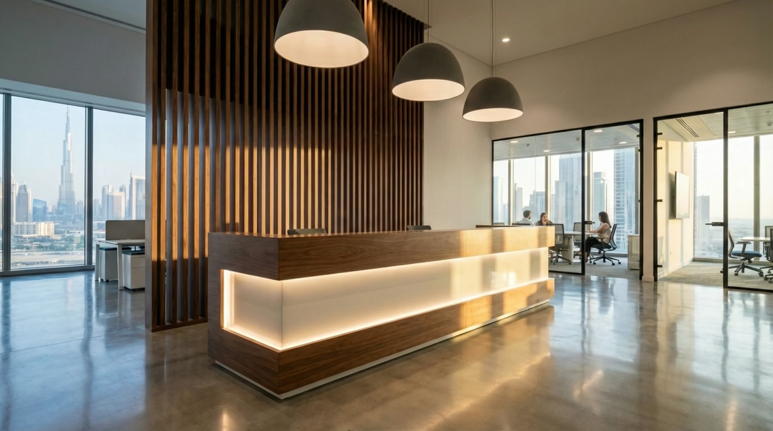 Custom commercial carpentry office reception desk and feature wall installation in Dubai business district by Karnak Carpentry