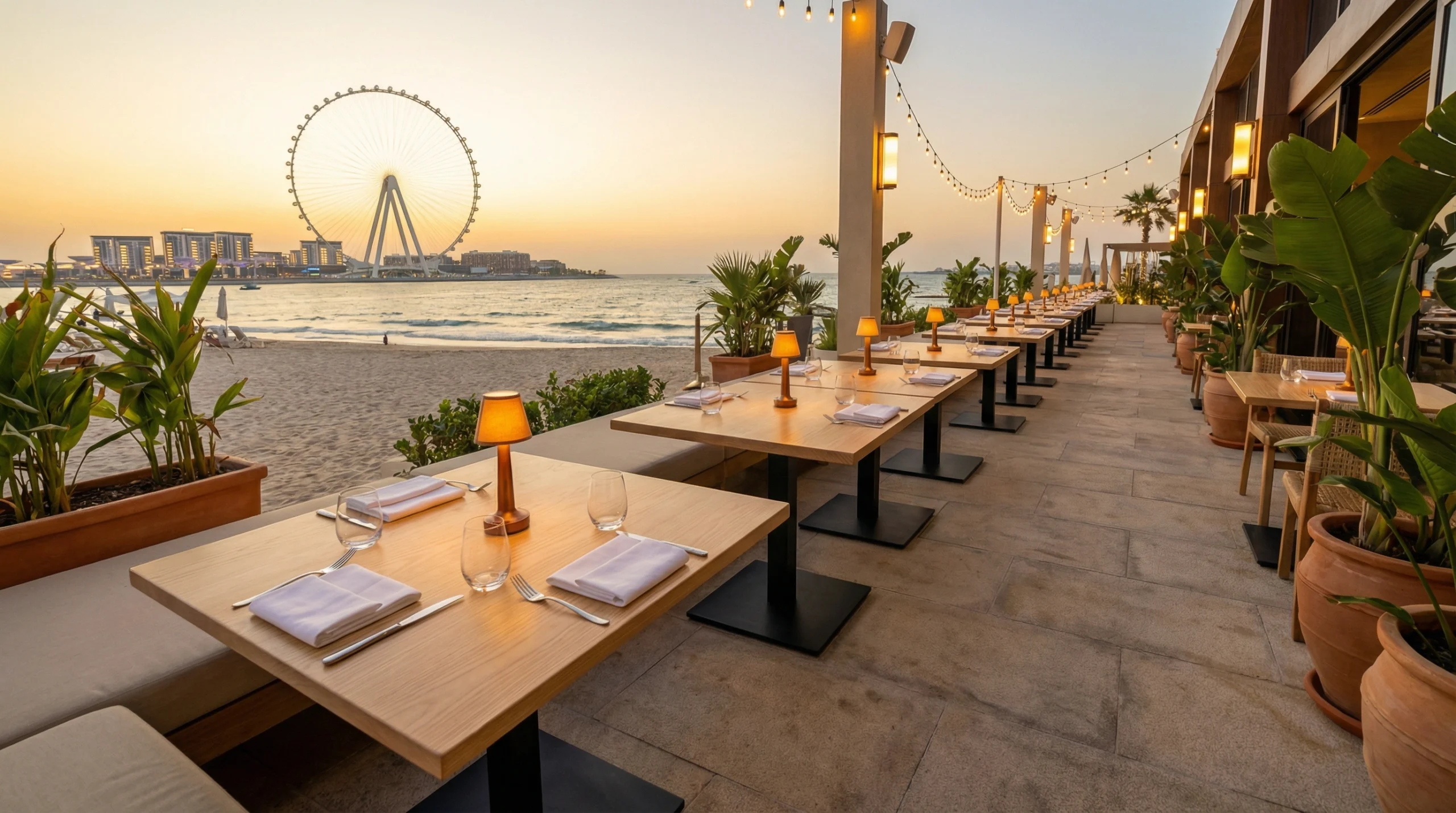 Custom commercial dining tables for restaurant JBR Dubai beachfront