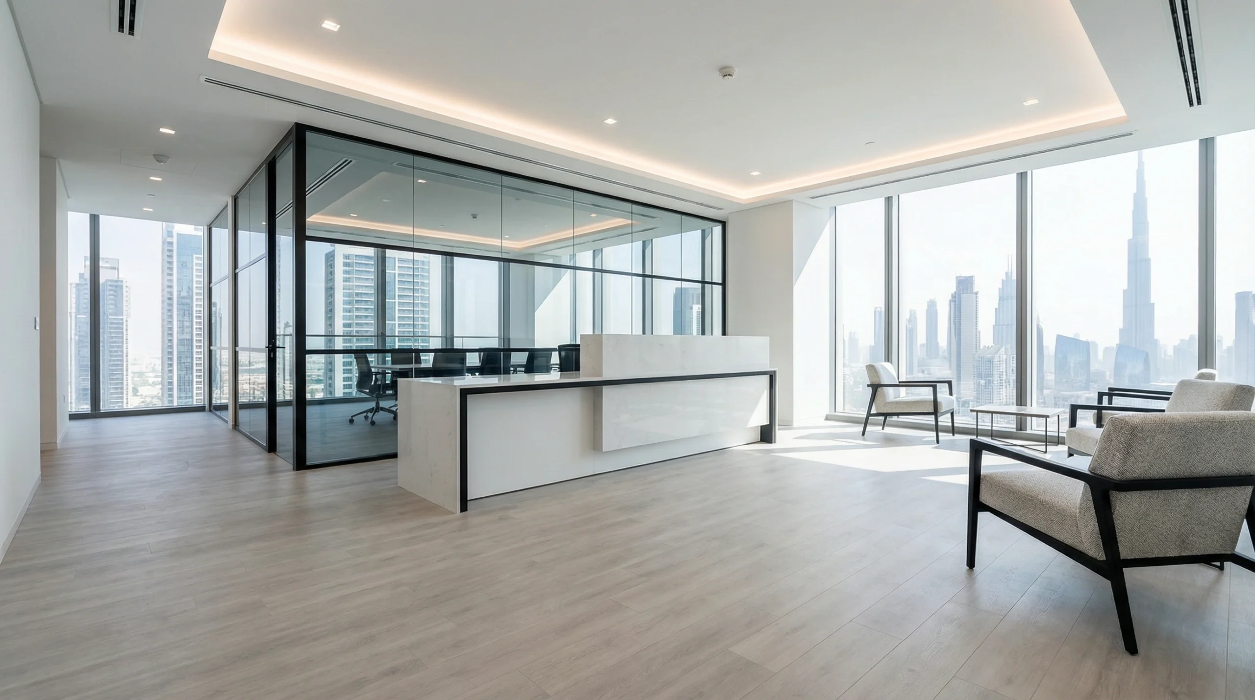 Commercial SPC flooring installation in Dubai office reception