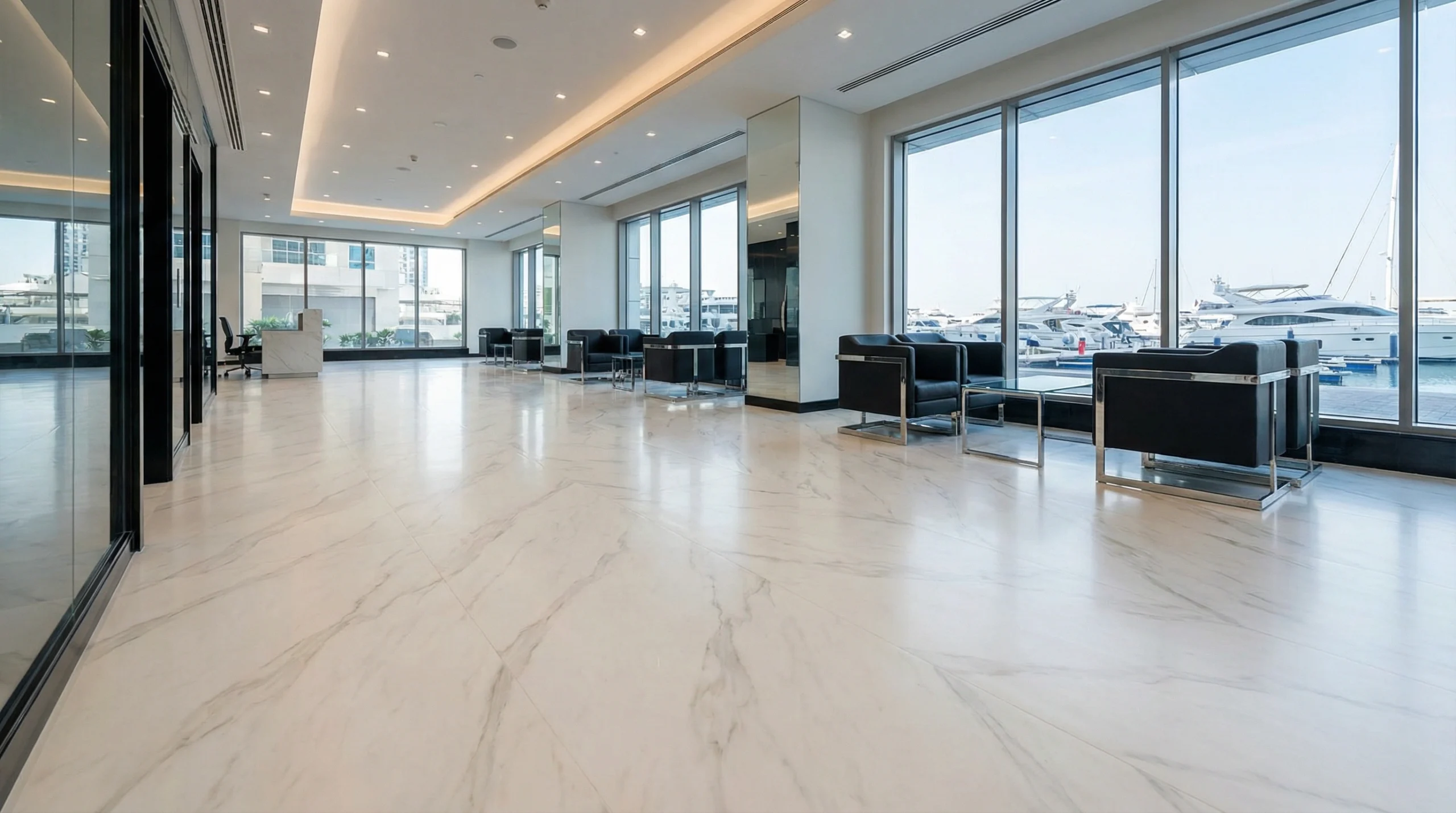 Commercial vinyl tile flooring in Dubai Marina residential tower lobby