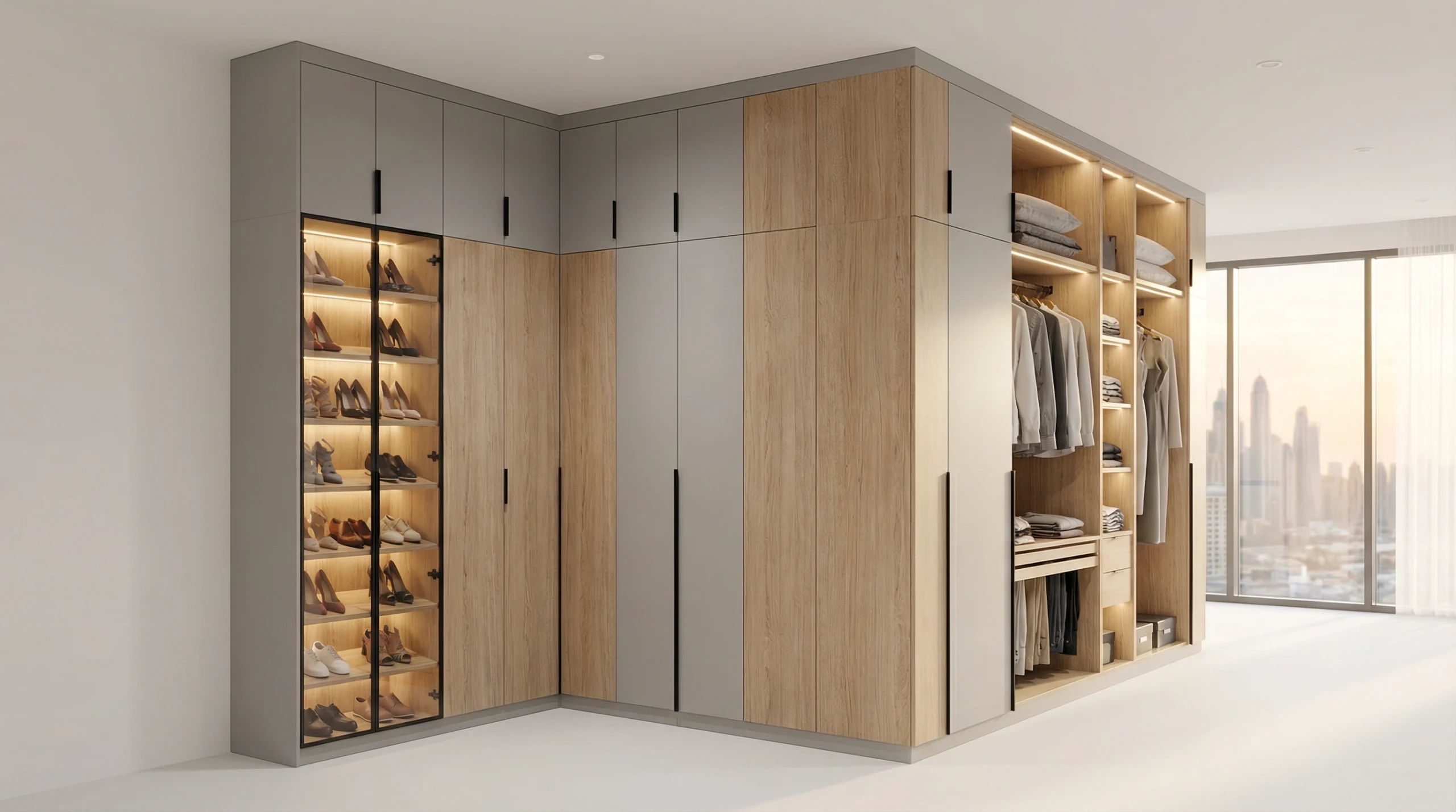 Compact walk-in closet design for Dubai apartment — maximised storage by Karnak Carpentry