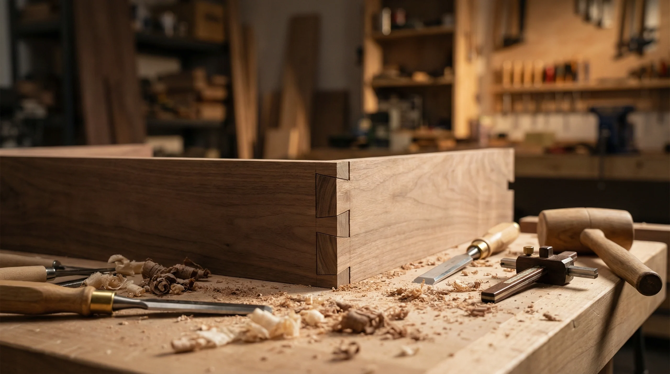 Master craftsman fitting dovetail joinery on a custom console table in Karnak Carpentry's Dubai workshop