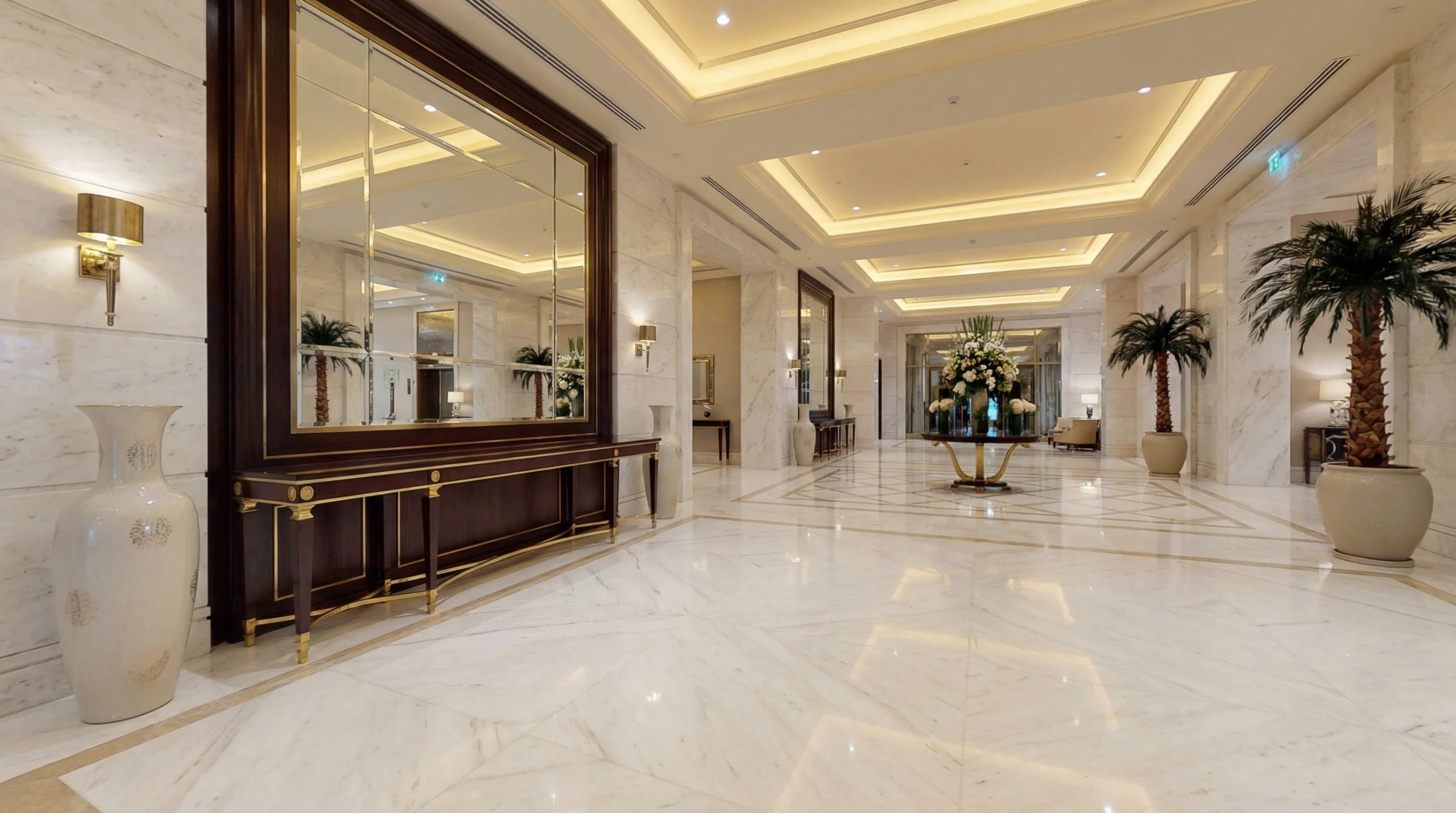 Long bespoke console table in hotel lobby, custom proportioned for UAE grand-scale interiors by Karnak Carpentry