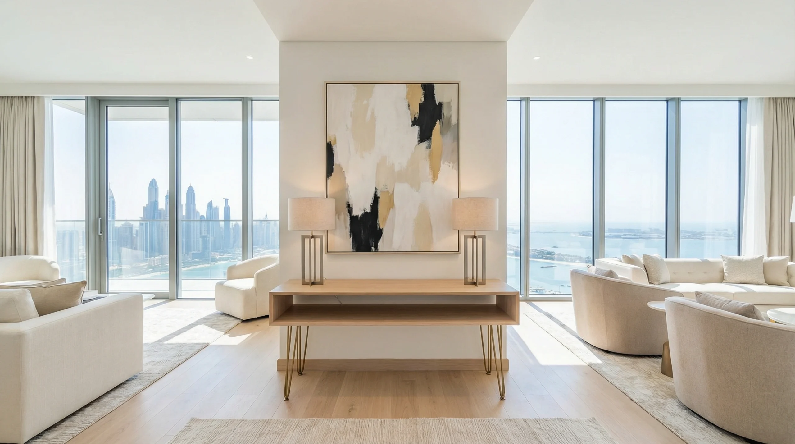 Contemporary white oak console table with brass hairpin legs in a Dubai Marina apartment interior