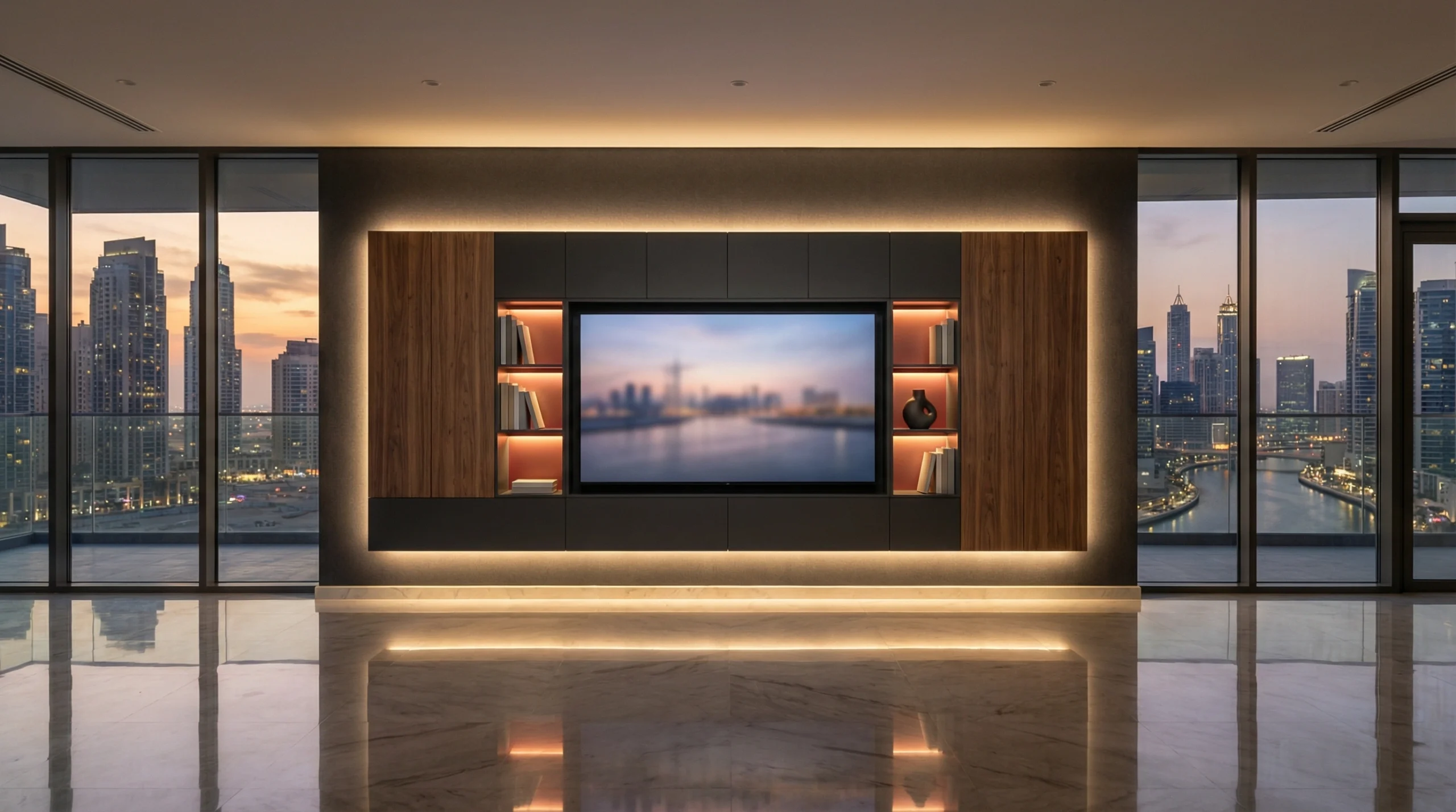 Custom floating entertainment wall living room Business Bay Dubai