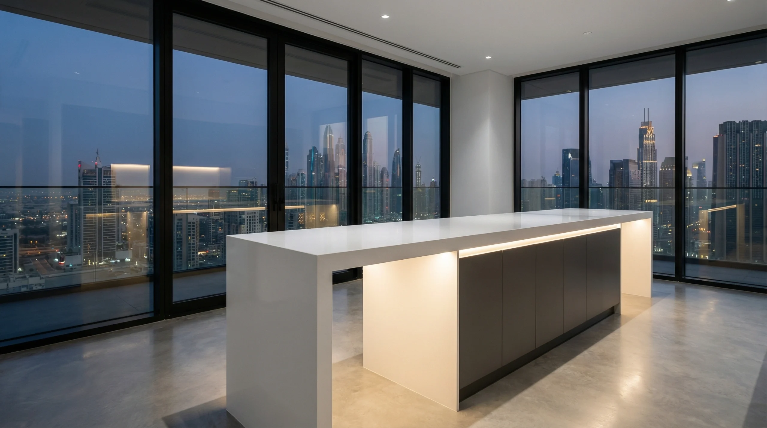 Contemporary minimalist kitchen island with waterfall edge Dubai