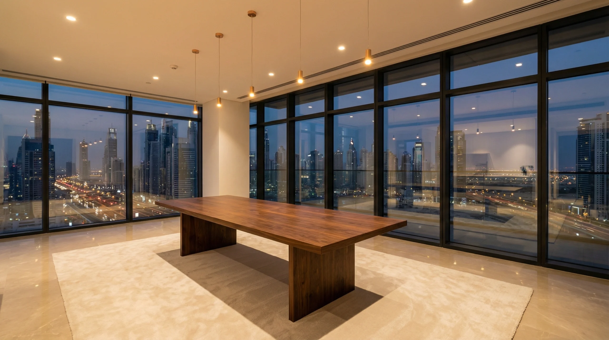 Custom contemporary walnut dining table Business Bay Dubai apartment