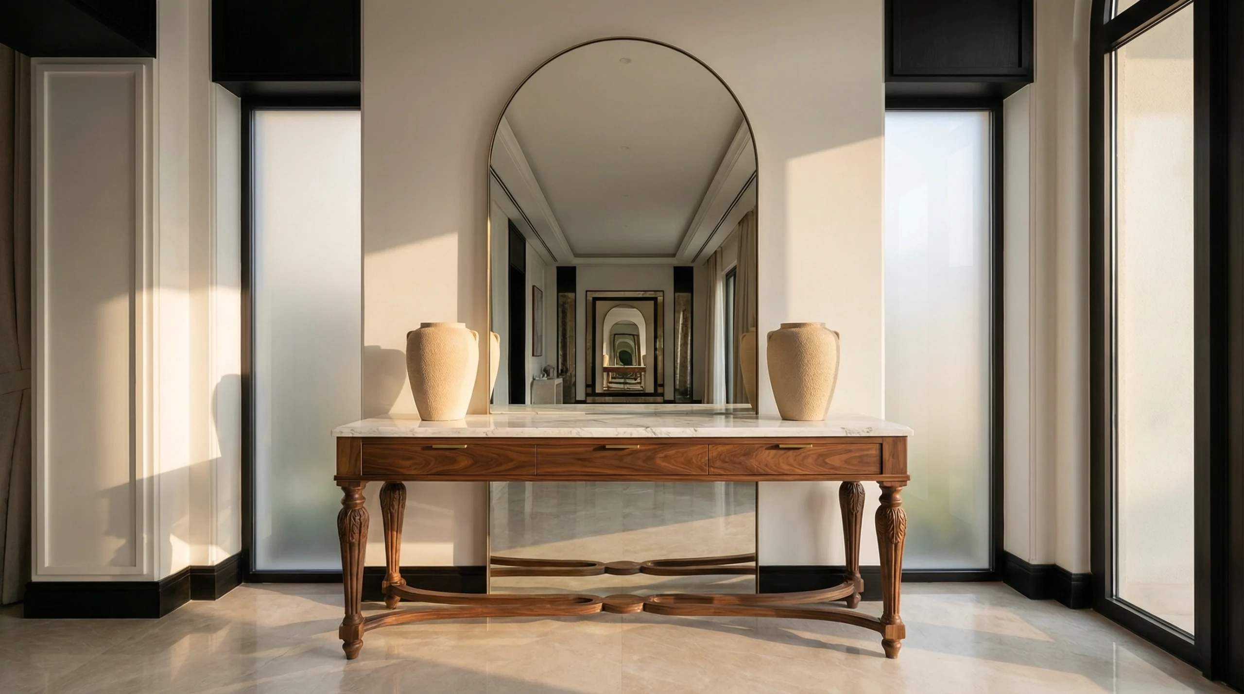 Custom console table in solid walnut with marble top, crafted by Karnak Carpentry for a Dubai villa entryway