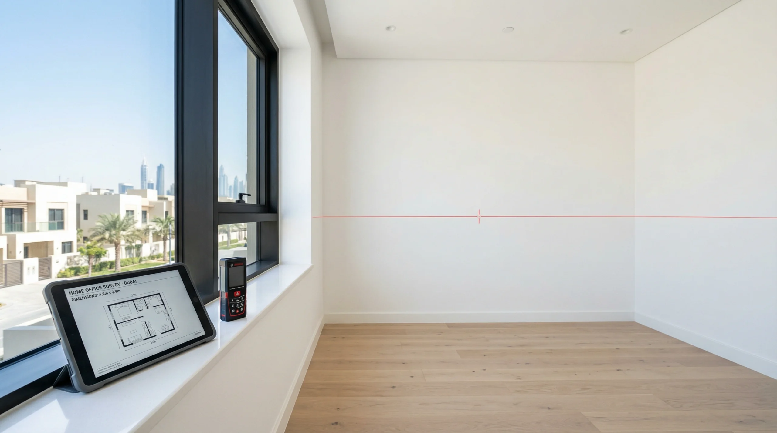 Karnak Carpentry consultant conducting site measurement for a custom desk project in Dubai