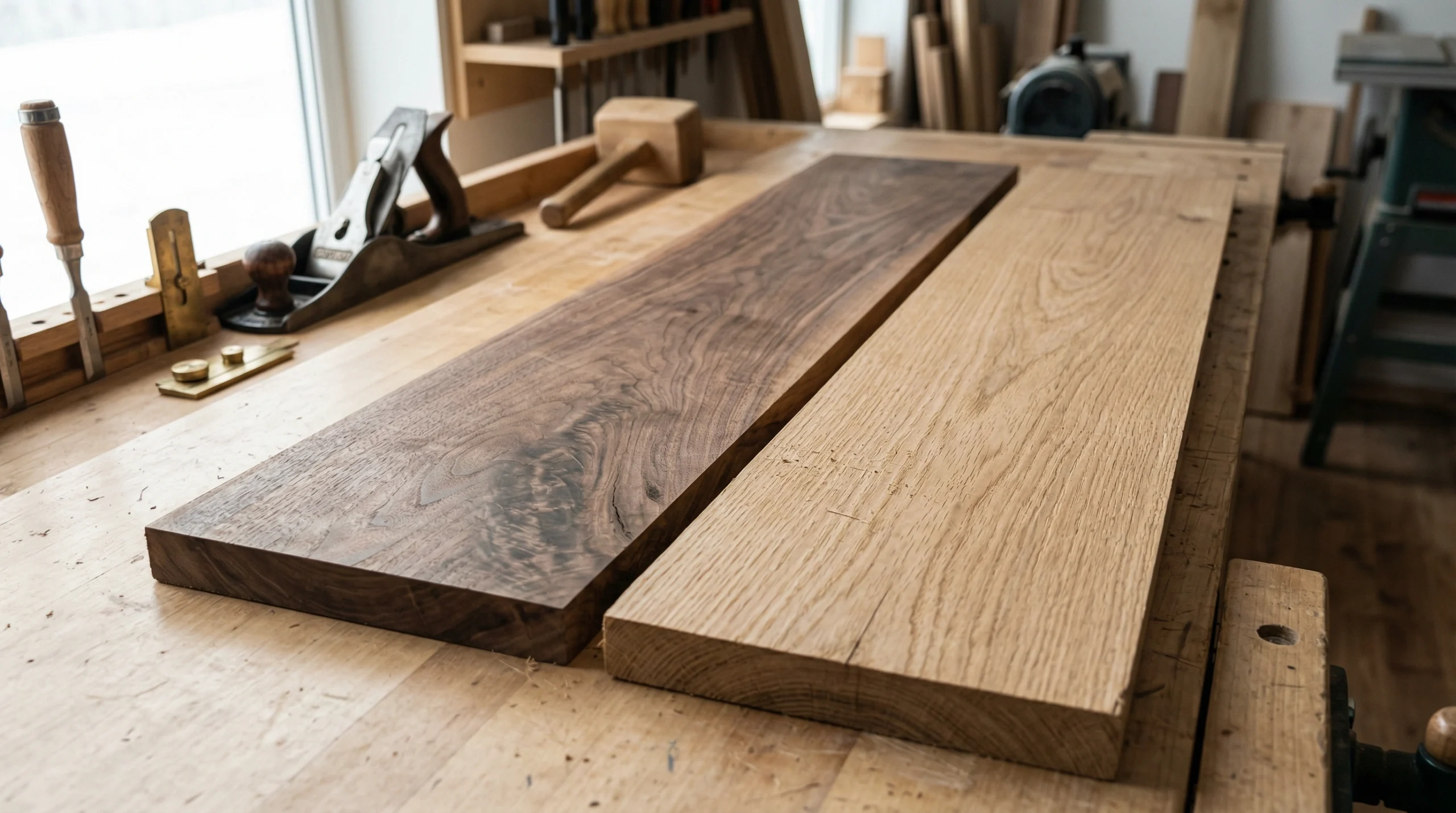 Timber selection for custom desk build at Karnak Carpentry Dubai workshop