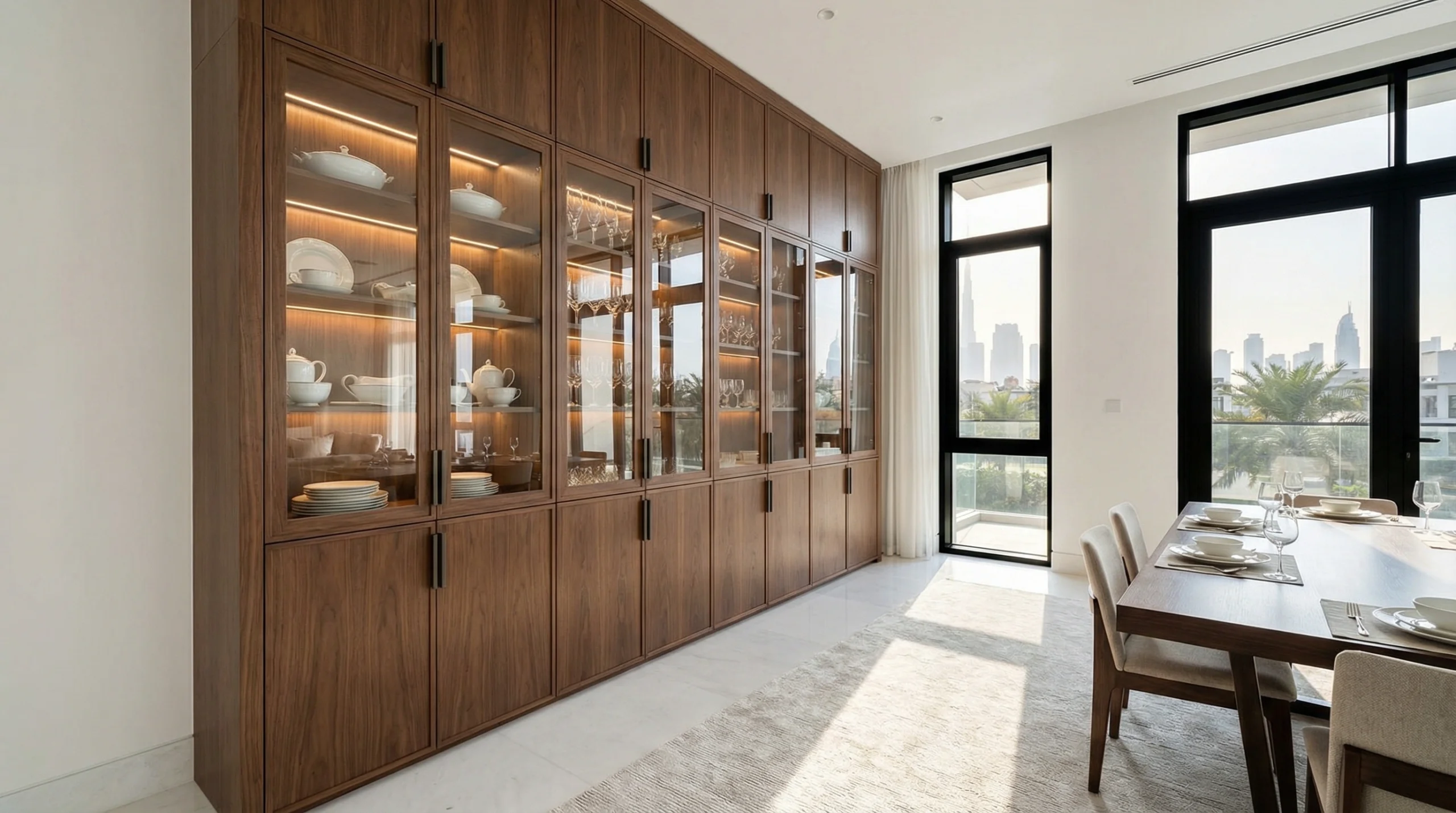 Custom dining cabinets Dubai with glass display and integrated lighting in modern villa
