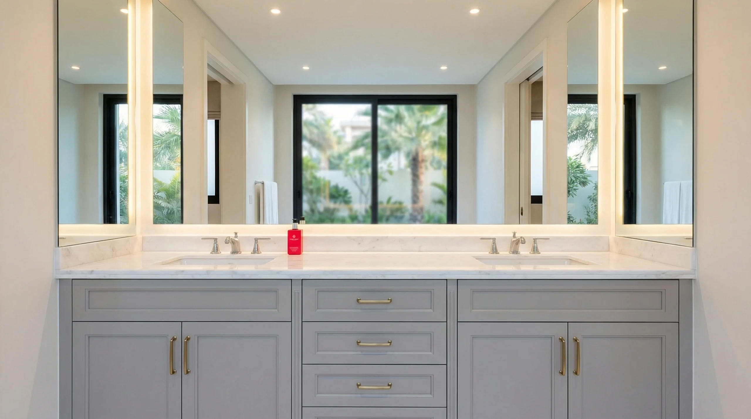 Custom double vanity bathroom carpentry with marble countertop in Dubai villa