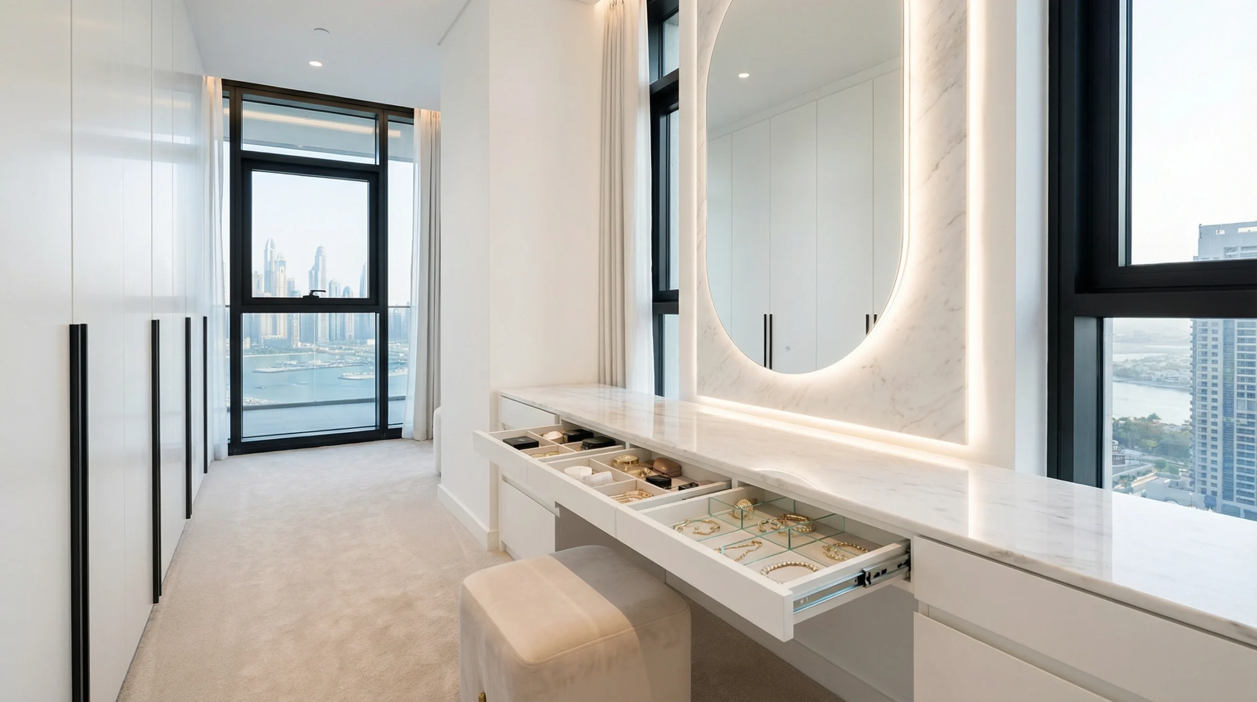 Custom dressing table Dubai with integrated lighting and storage in luxury bedroom