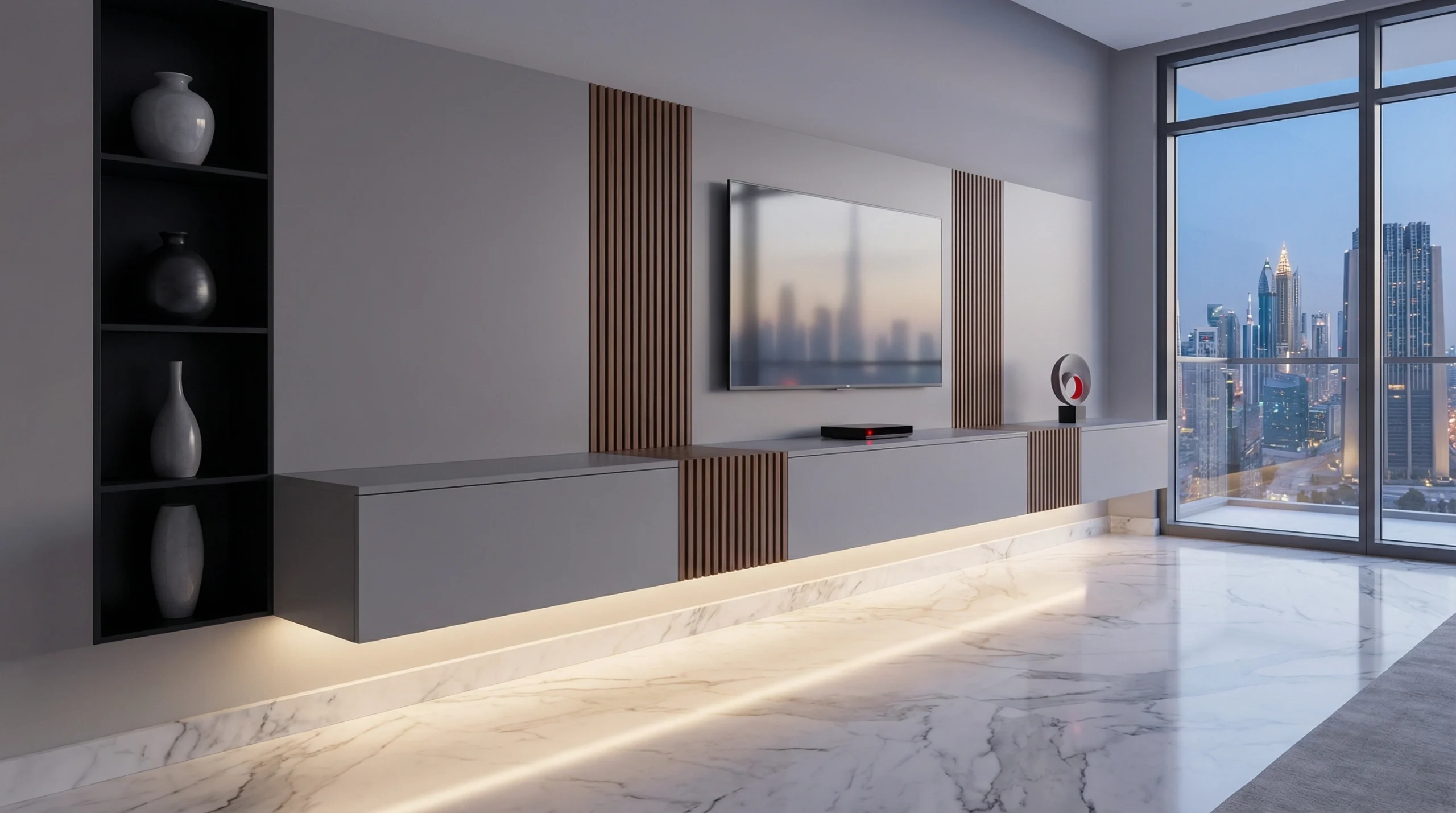 Modern floating entertainment center with custom carpentry Dubai