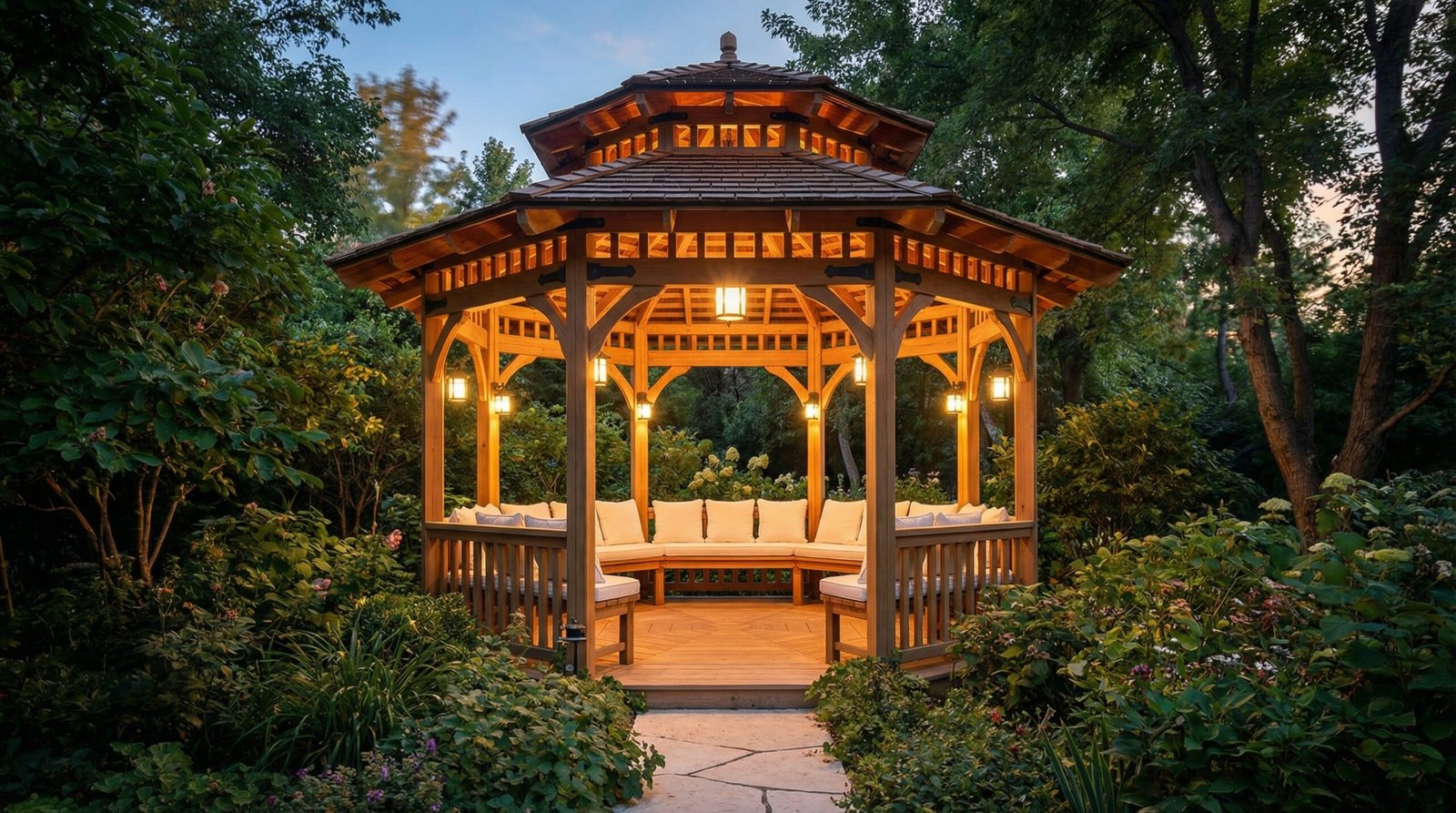 Custom gazebo construction Dubai - octagonal design with built-in seating by Karnak Carpentry